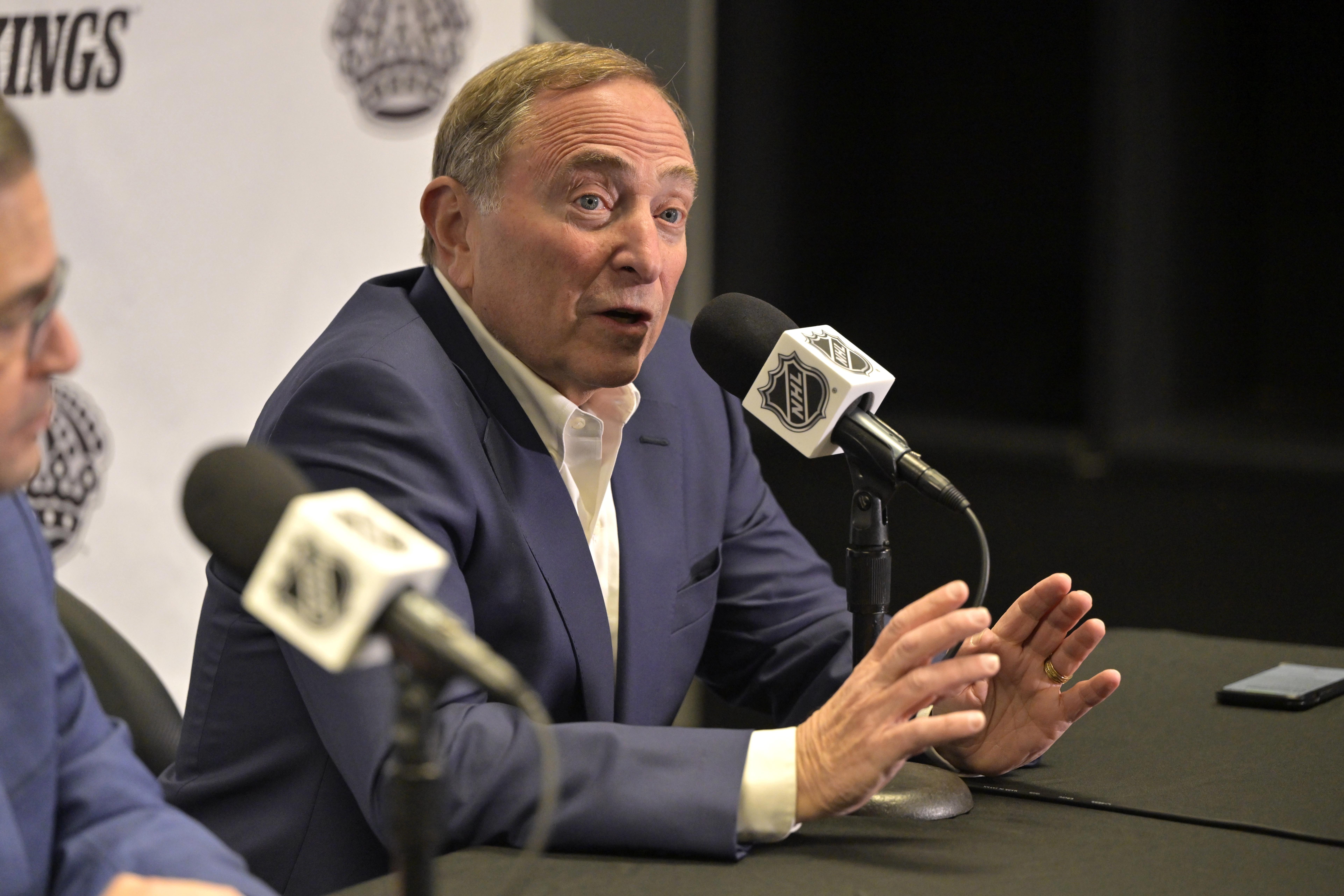 NHL commissioner Gary Bettman addresses a media conference prior to the NHL game hockey between the Los Angeles Kings and the Utah Hockey Club, Saturday, Feb. 22, 2025, in Los Angeles.
