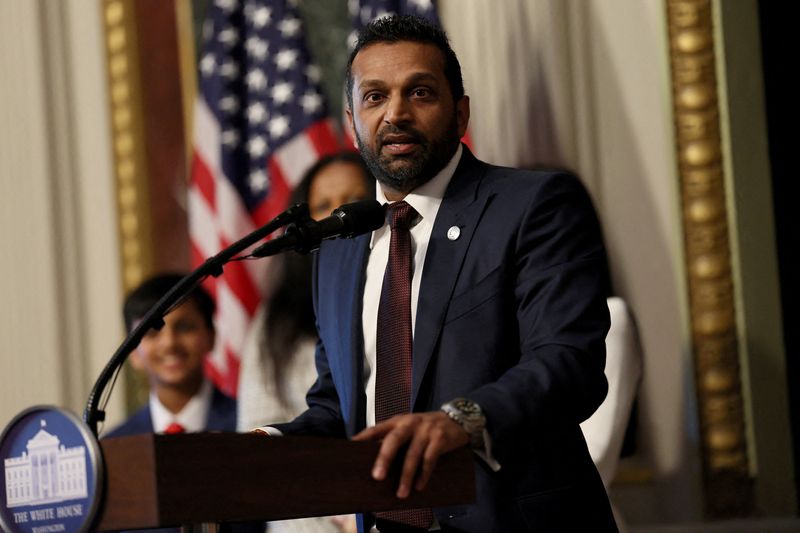 Kash Patel speaks after being sworn in as FBI director by U.S. Attorney General Pam Bondi in the Eisenhower Executive Office Building in Washington, Friday. President Donald Trump will name Patel as acting head of the ATF, a source says.