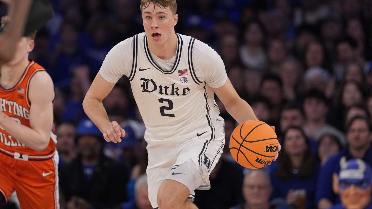 Duke's Cooper Flagg (2) looks to pass during the first half of an NCAA college basketball game against Illinois Saturday, Feb. 22, 2025, in New York.
