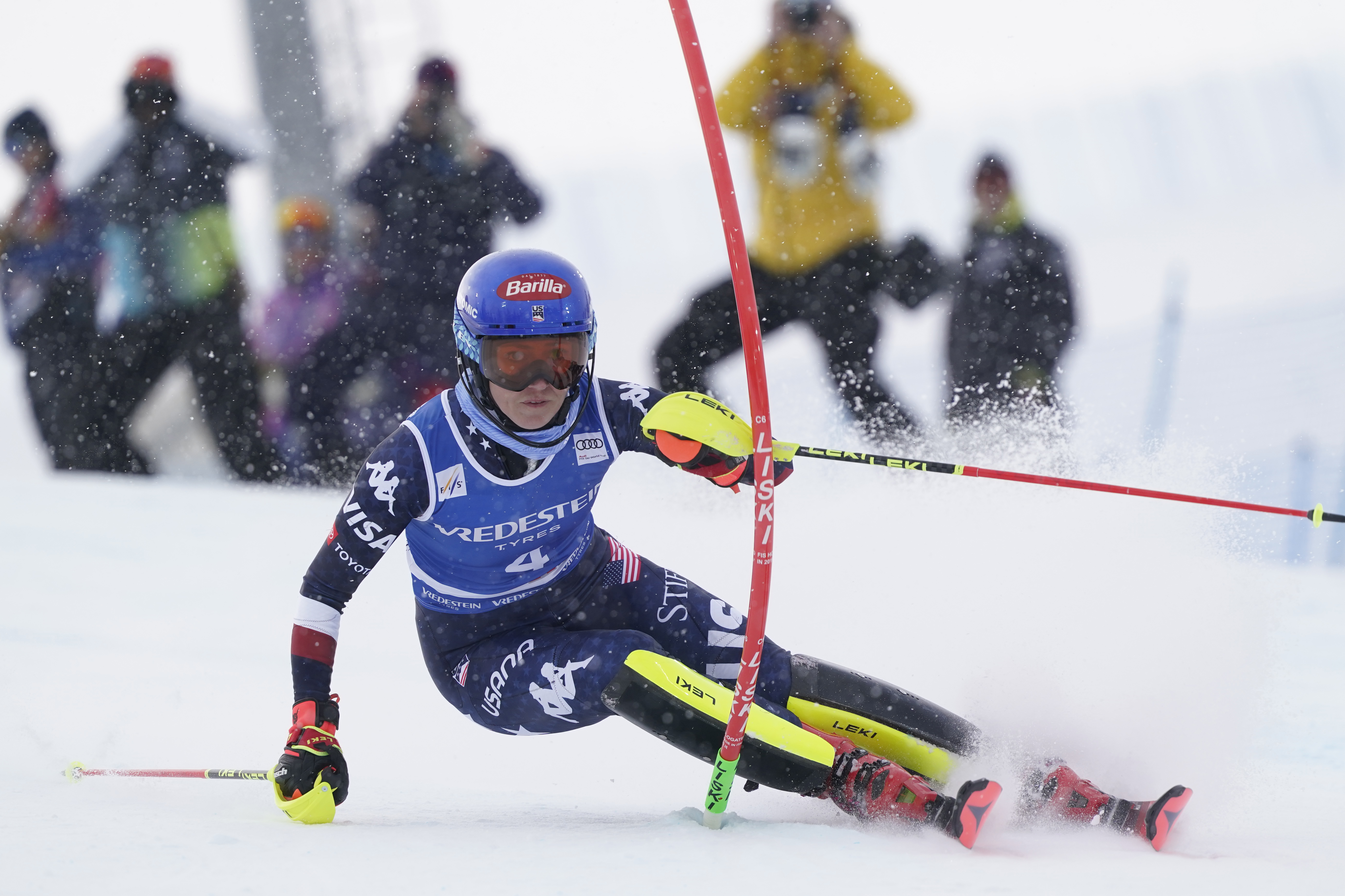 United States' Mikaela Shiffrin speeds down the course during an alpine ski, women's World Cup slalom, in Sestriere, Italy, Sunday, Feb. 23, 2025. 