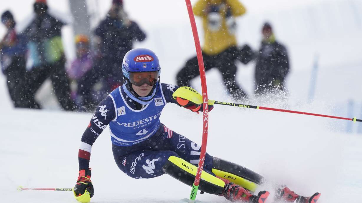 United States' Mikaela Shiffrin speeds down the course during an alpine ski, women's World Cup slalom, in Sestriere, Italy, Sunday, Feb. 23, 2025.