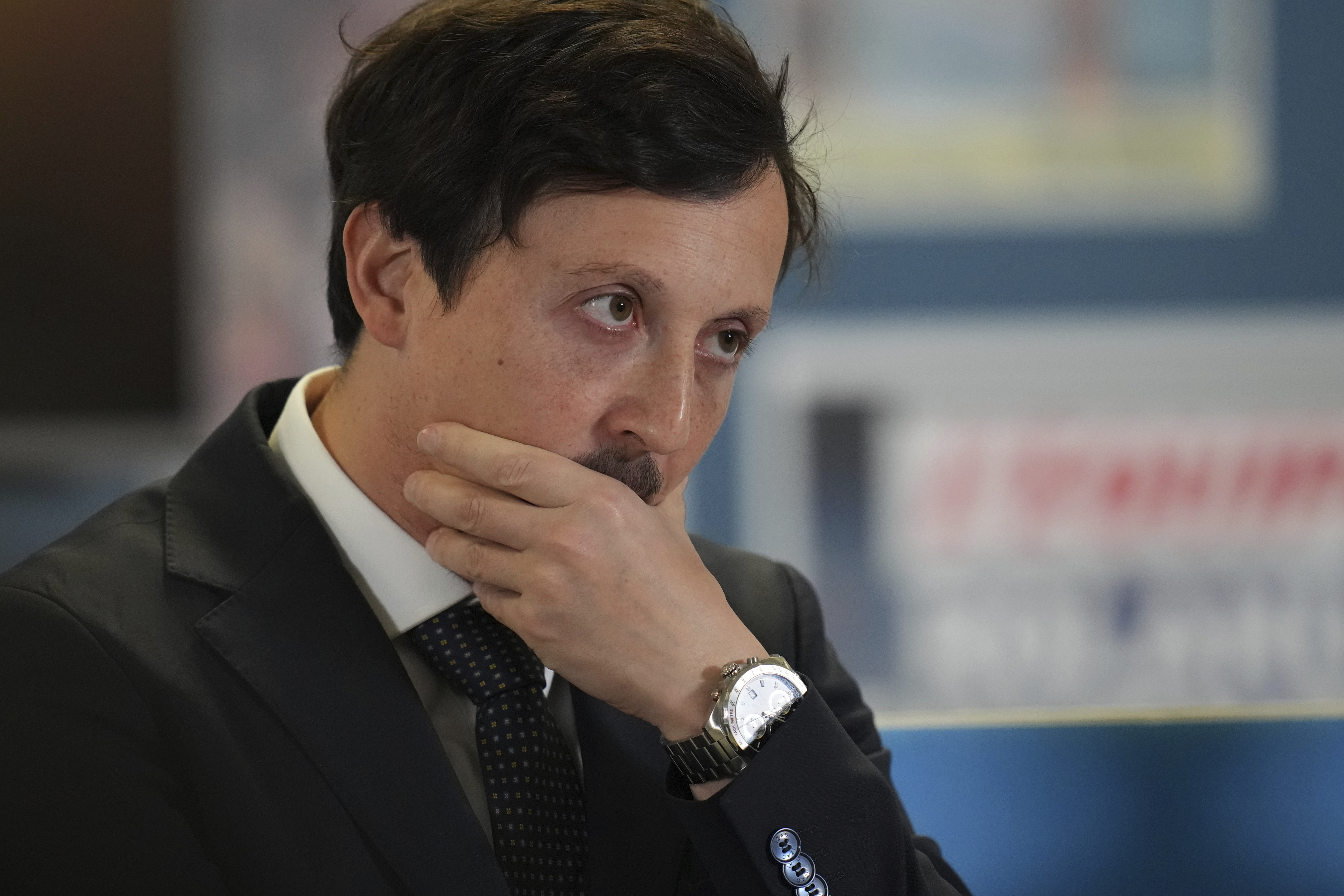 FILE - Olympique de Marseille president Pablo Longoria listens to a question before a French League One soccer match between Marseille and Lens at the Stade Velodrome stadium in Marseille, France, Sunday, April 28, 2024.