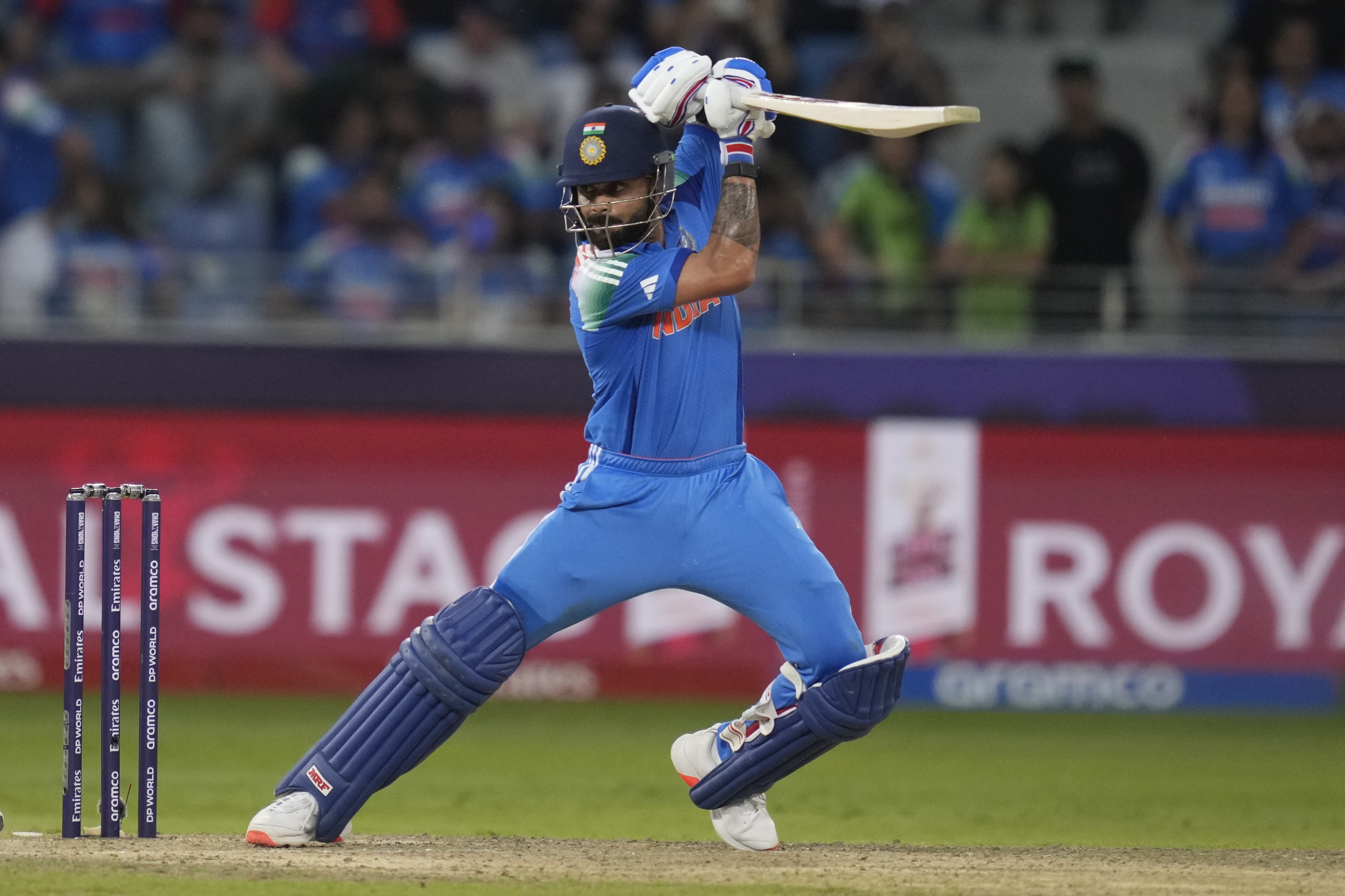 India's Virat Kohli plays a shot during the ICC Champions Trophy cricket match between India and Pakistan at Dubai International Cricket Stadium, United Arab Emirates, Sunday, Feb. 23, 2025. 