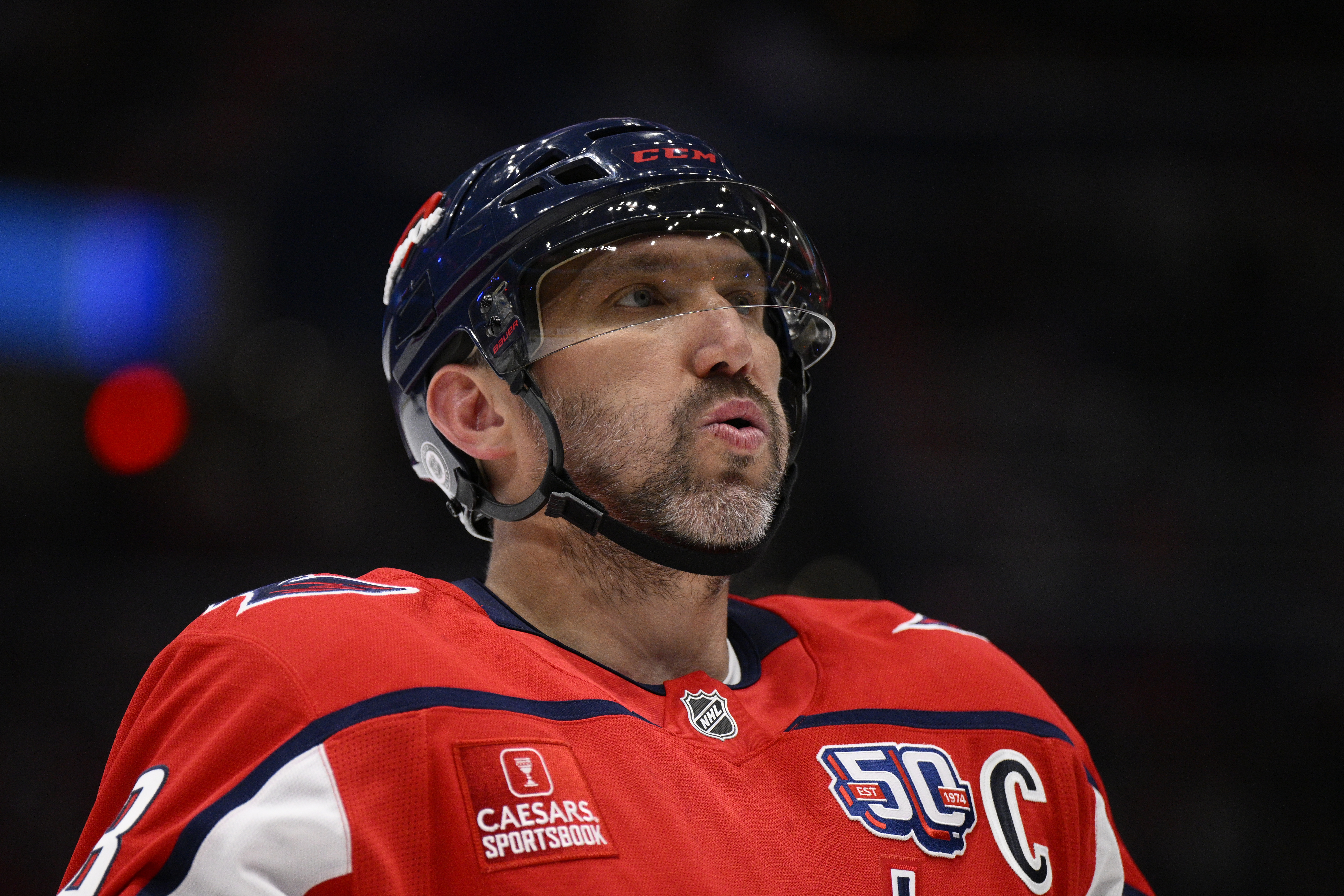Washington Capitals left wing Alex Ovechkin reacts during the first period of an NHL hockey game against the Edmonton Oilers, Sunday, Feb. 23, 2025, in Washington. 