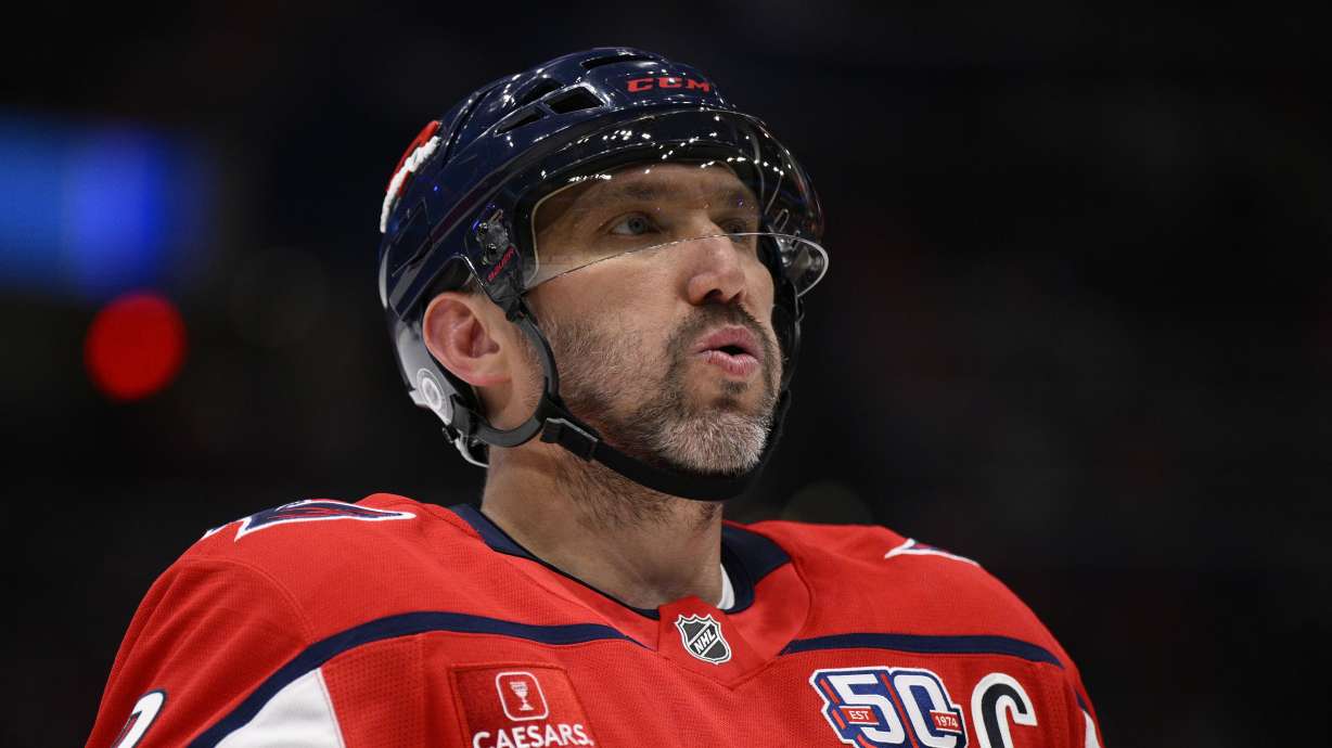 Washington Capitals left wing Alex Ovechkin reacts during the first period of an NHL hockey game against the Edmonton Oilers, Sunday, Feb. 23, 2025, in Washington.