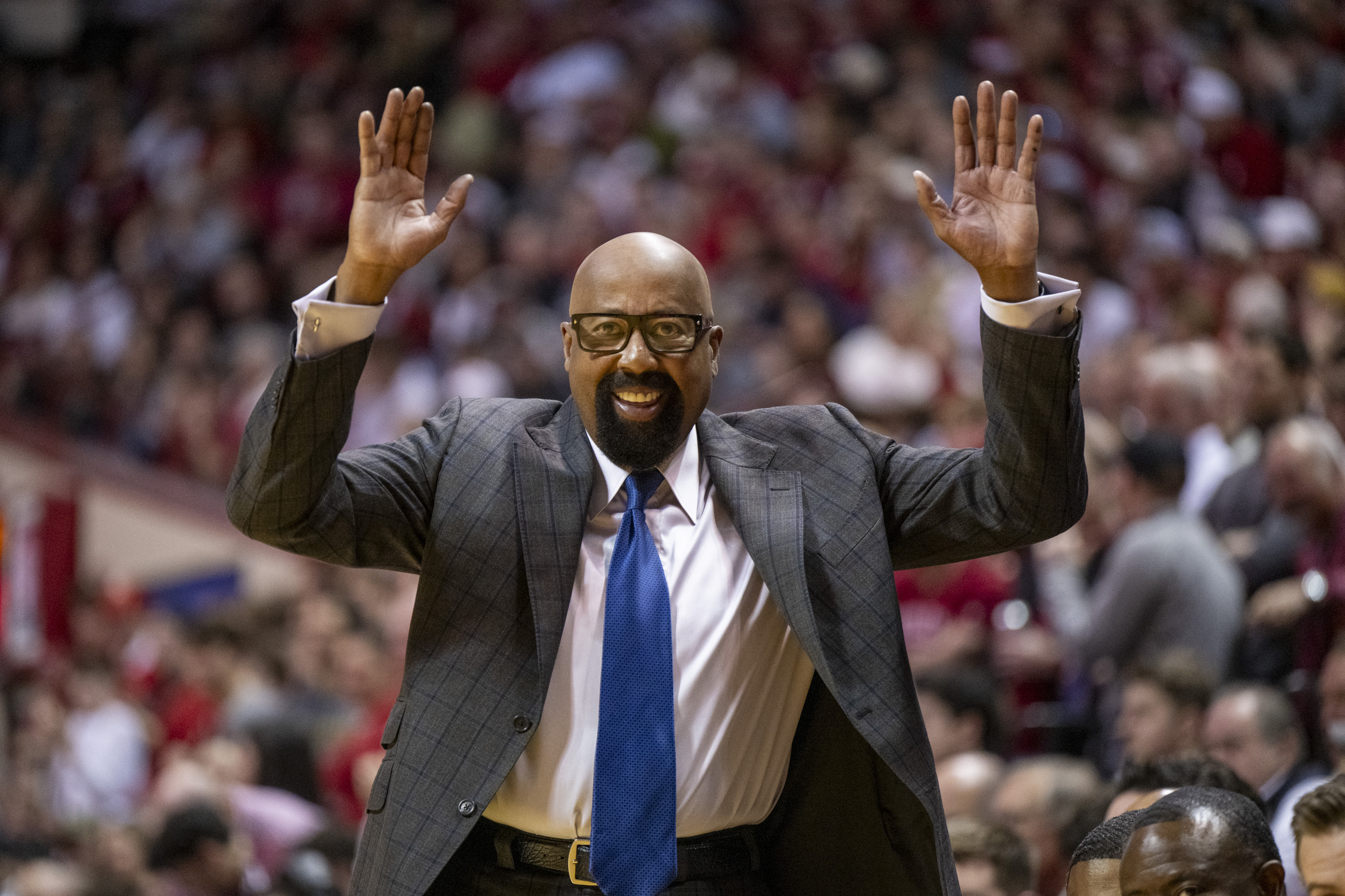 Indiana head coach Mike Woodson gestures toward an official during the second half of an NCAA college basketball game against Purdue, Sunday, Feb. 23, 2025, in Bloomington, Ind. 