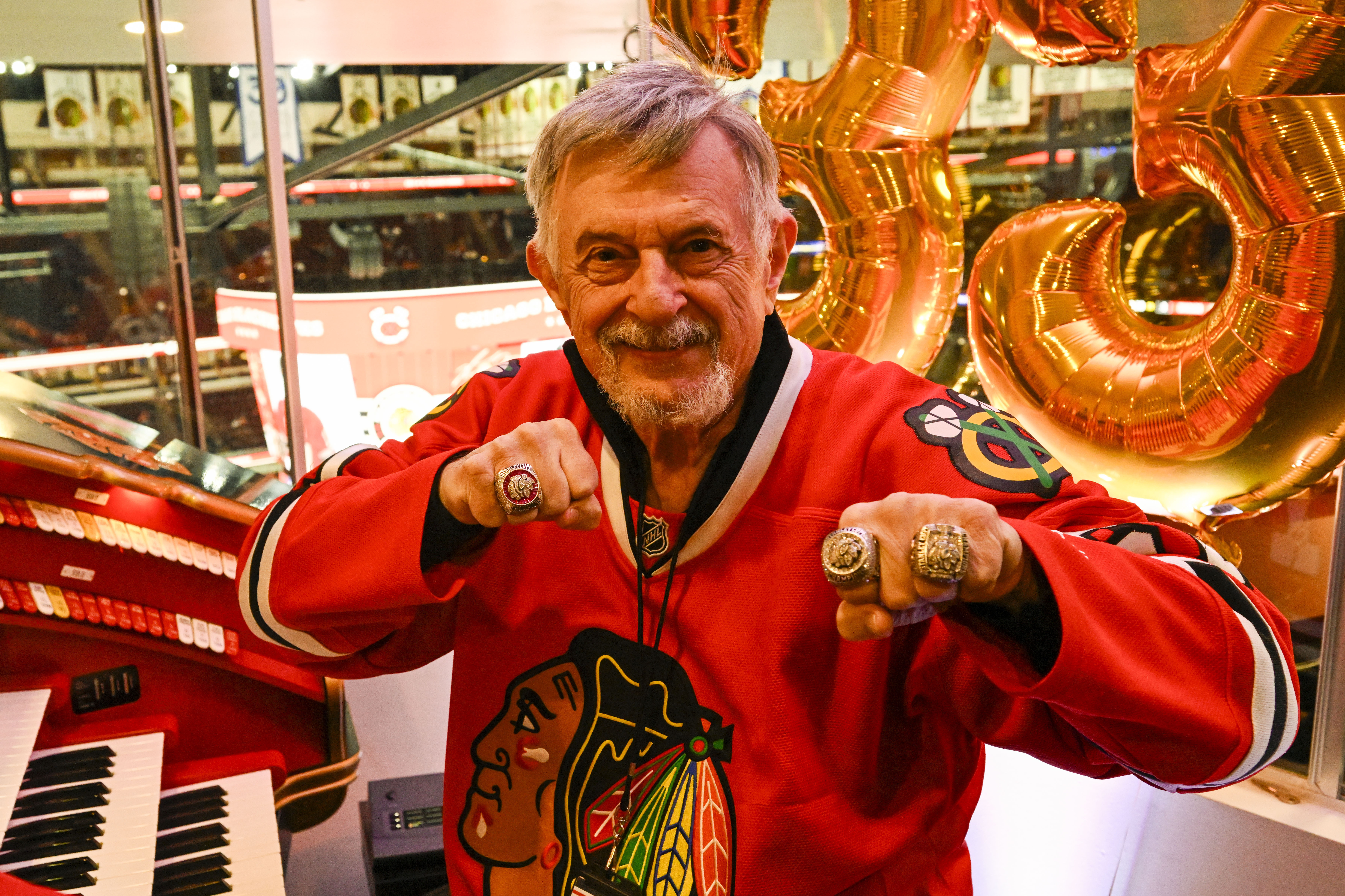 Frank Pellico, the Chicago Blackhawks' organist, is seen in his booth before the first period of an NHL hockey game against the Toronto Maple Leafs, Sunday, Feb. 23, 2025, in Chicago. He is retiring after the game.