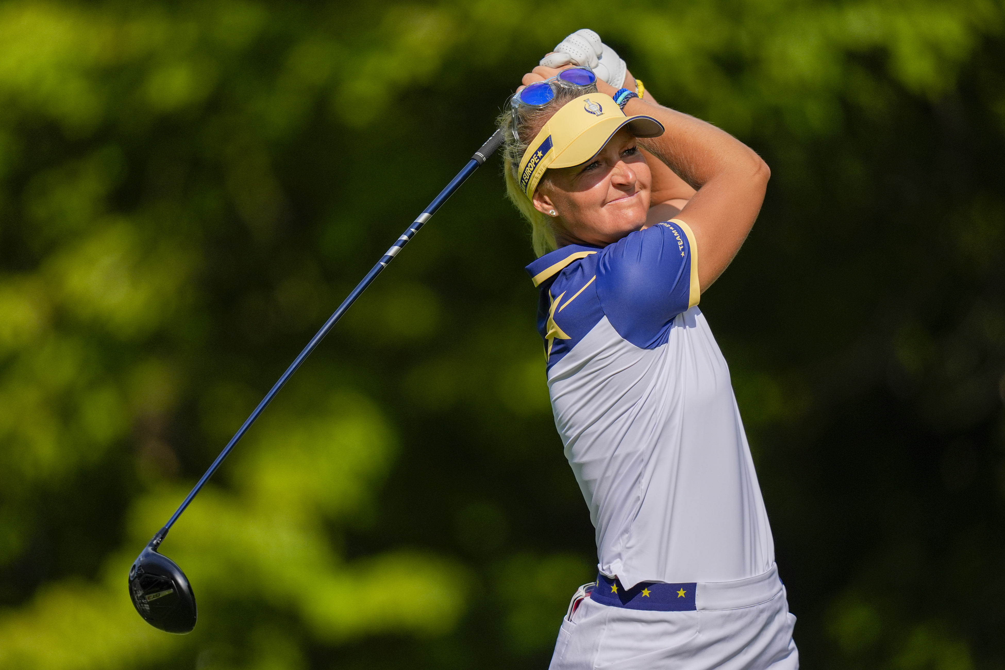 FILE- Then-Europe's Vice Captain Anna Nordqvist hits from the third tee during the Solheim Cup golf tournament at the Robert Trent Jones Golf Club, Sunday, Sept. 15, 2024, in Gainesville, VA.Team USA won 15.5-12.5.