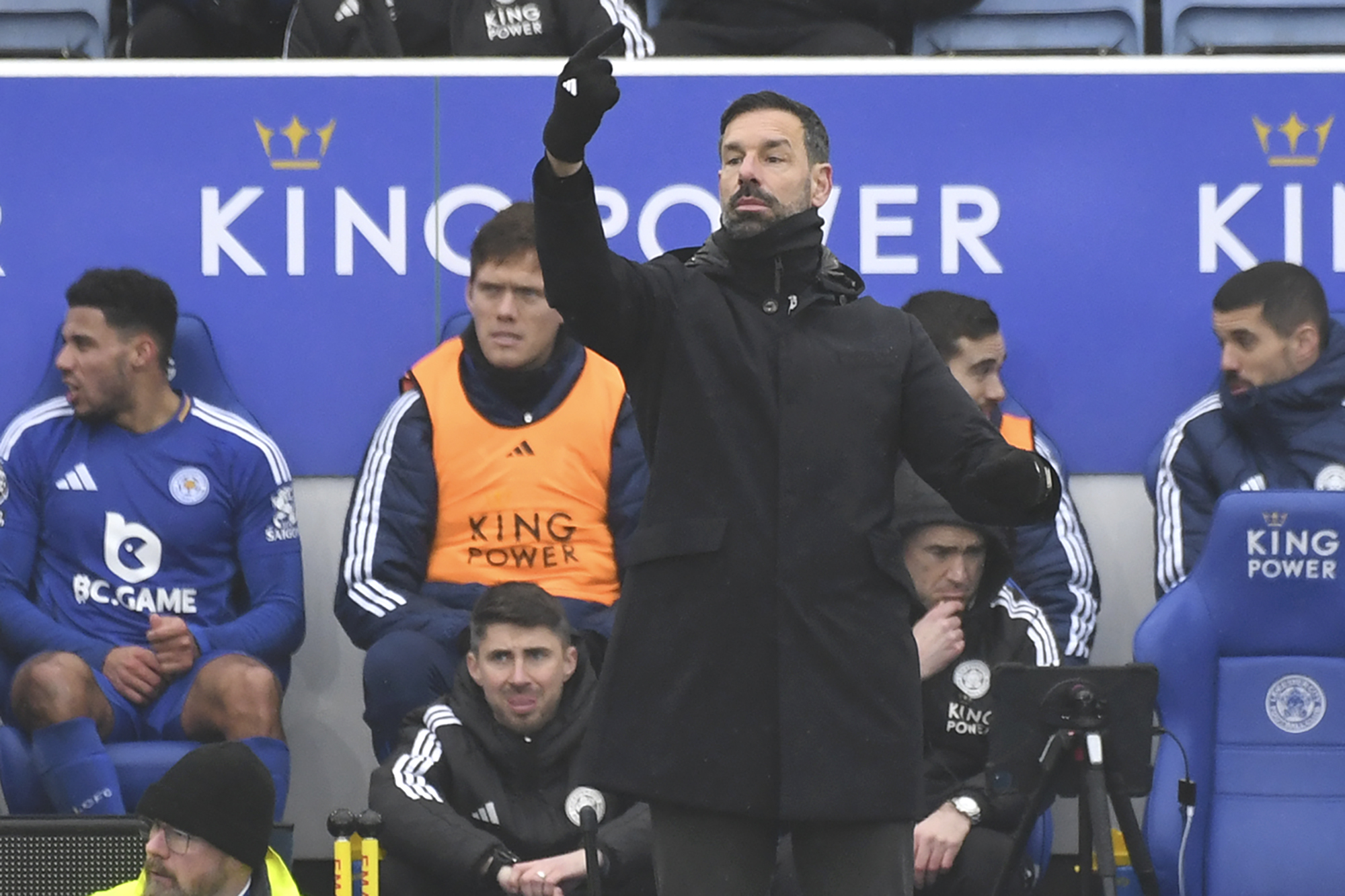 Leicester's head coach Ruud van Nistelrooy gives instructions from the side line during the English Premier League soccer match between Leicester City and Arsenal at King Power stadium in Leicester, England, Saturday, Feb. 15, 2025. 