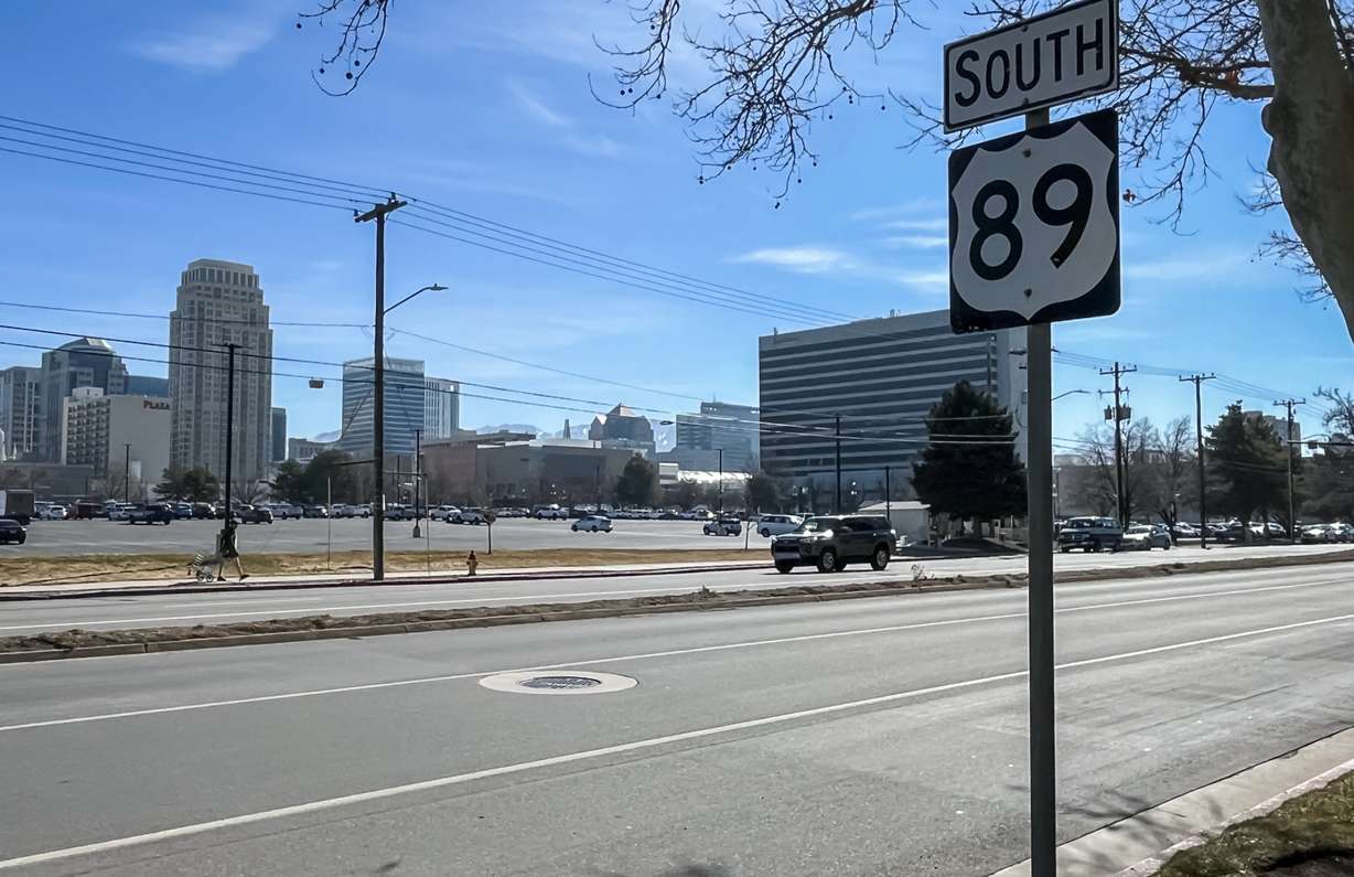 A U.S. 89 sign is visible along 300 West about a block north of the Delta Center in downtown Salt Lake City on Monday.