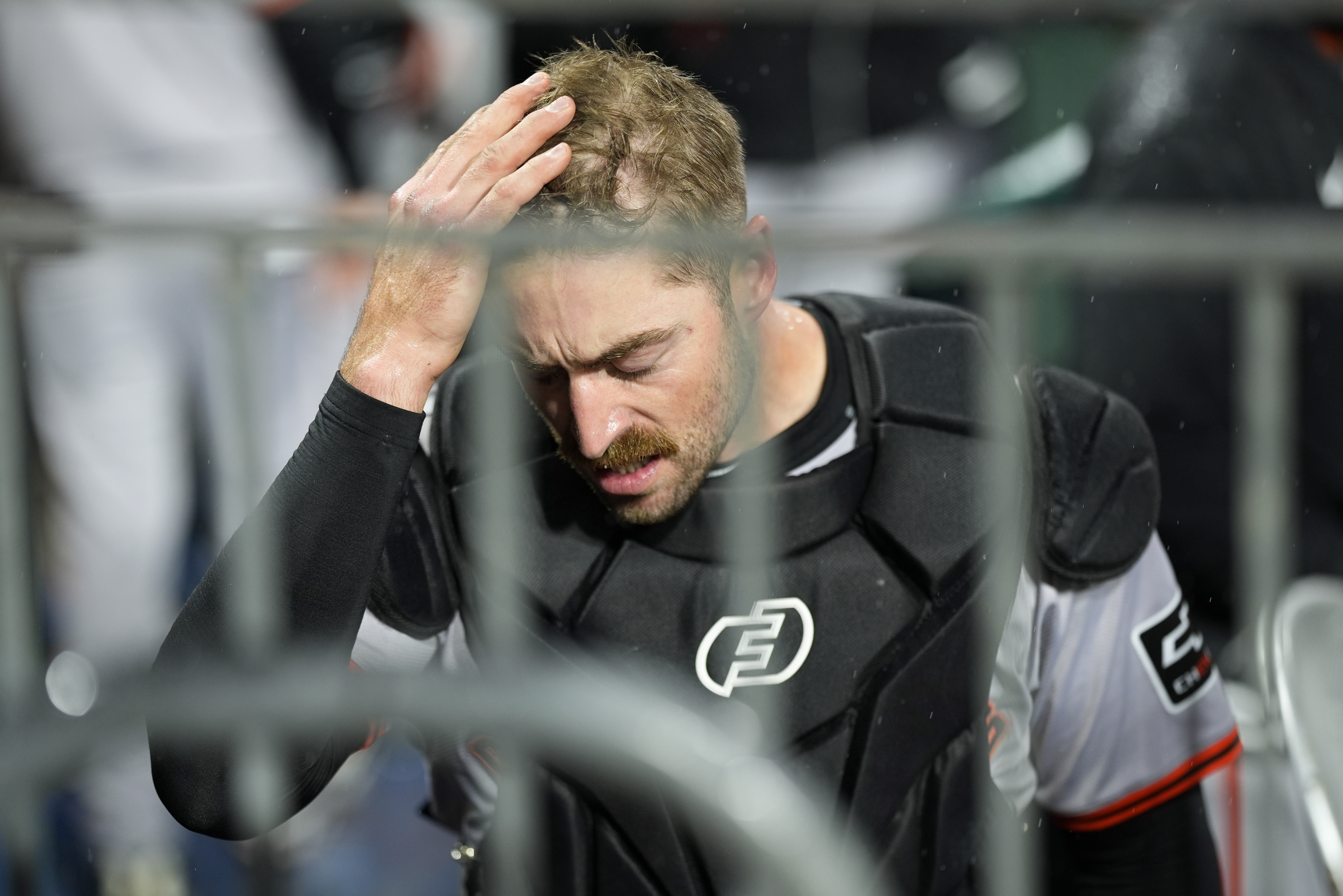 FILE - San Francisco Giants catcher Tom Murphy walks to the clubhouse during the second inning of a baseball game against the Philadelphia Phillies, May 4, 2024, in Philadelphia. 
