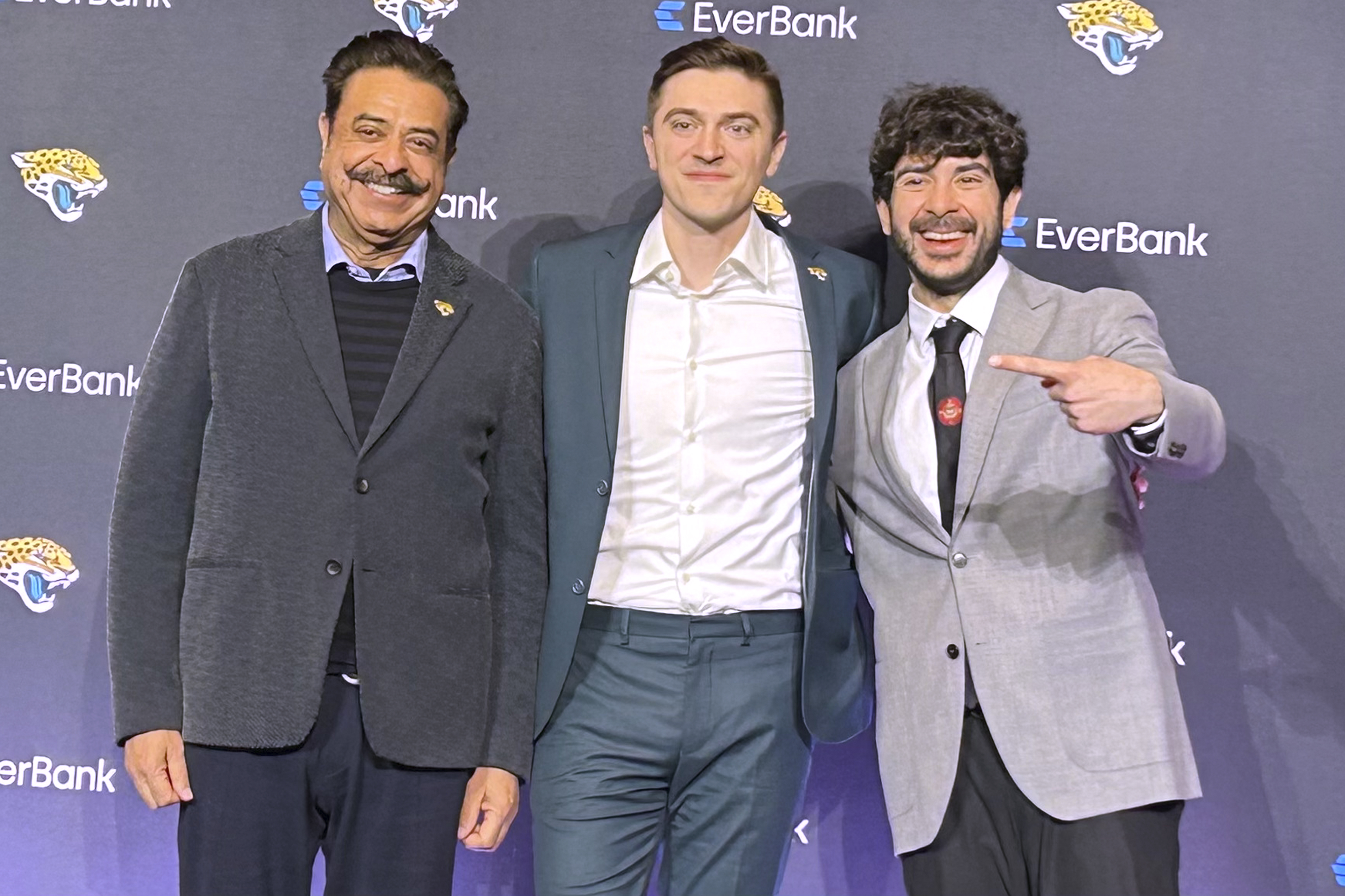New Jacksonville Jaguars general manager James Gladstone, center, at his introductory news conference alongside Jaguars owners Shad Khan, left, and Tony Khan, right, in Jacksonville, Fla., Monday, Feb. 24, 2025. 