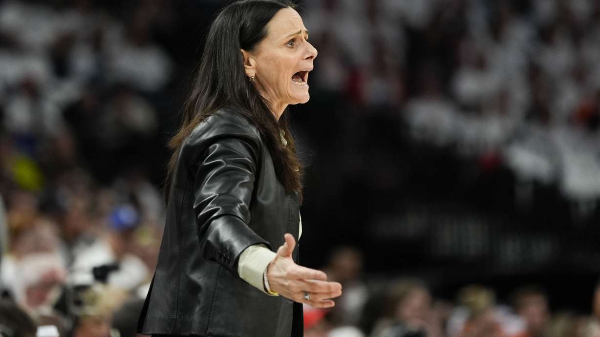 FILE - New York Liberty head coach Sandy Brondello calls out from the bench against the New York Liberty during the first half of Game 4 of a WNBA basketball final playoff series, Oct. 18, 2024, in Minneapolis.
