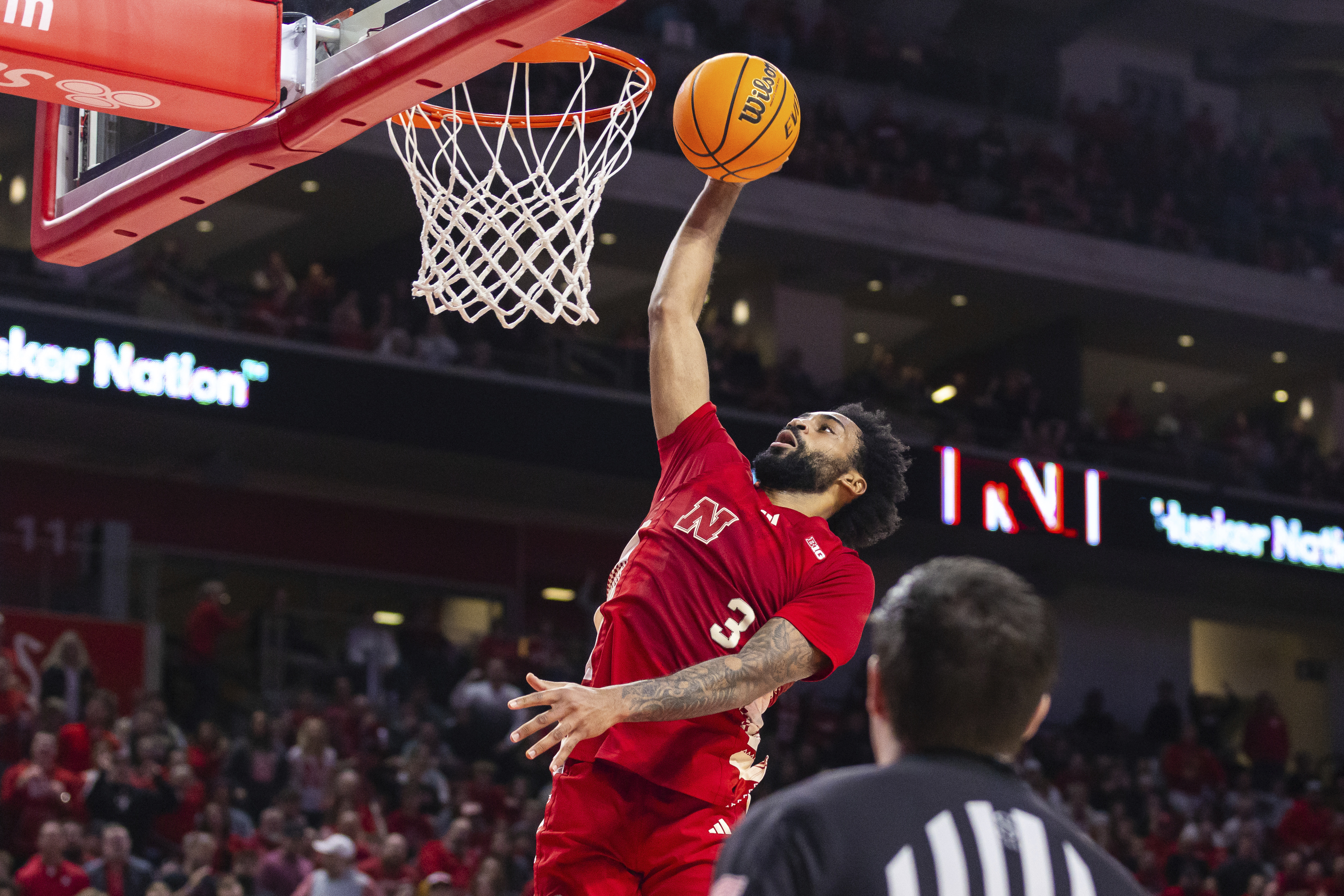 Nebraska guard Brice Williams dunks against Michigan during the first half of an NCAA college basketball game, Monday, Feb. 24, 2025, in Lincoln, Neb.
