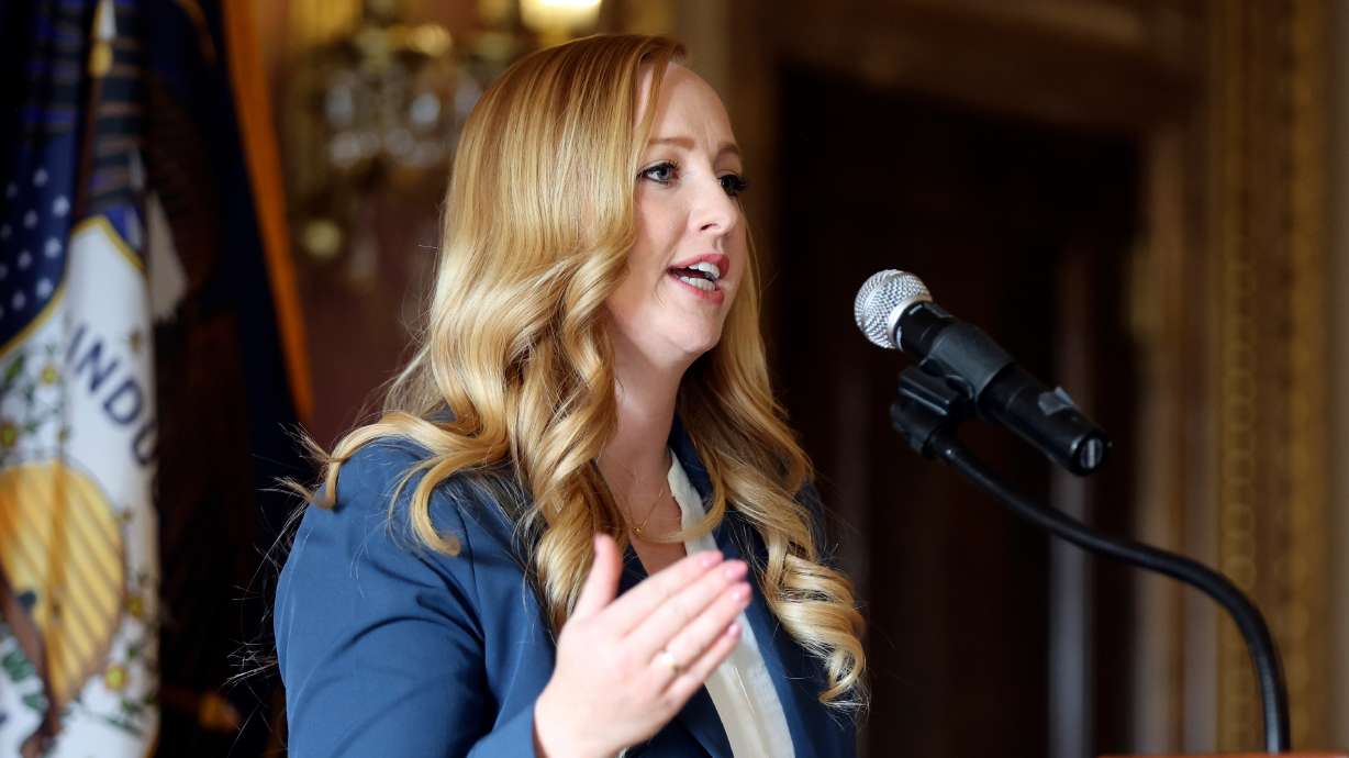 Rep. Candice Pierucci, R-Herriman, speaks the Capitol in Salt Lake City on Feb. 12. A bill sponsored by Pierucci would change how much money is allotted to certain students in the Utah Fits All Scholarship.