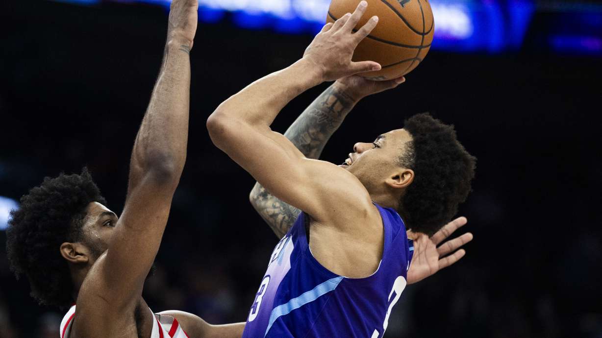 Utah Jazz guard Keyonte George (3) drives the ball to the basket during an NBA game against the Portland Trail Blazers at the Delta Center in Salt Lake City on Monday, Feb. 24, 2025.