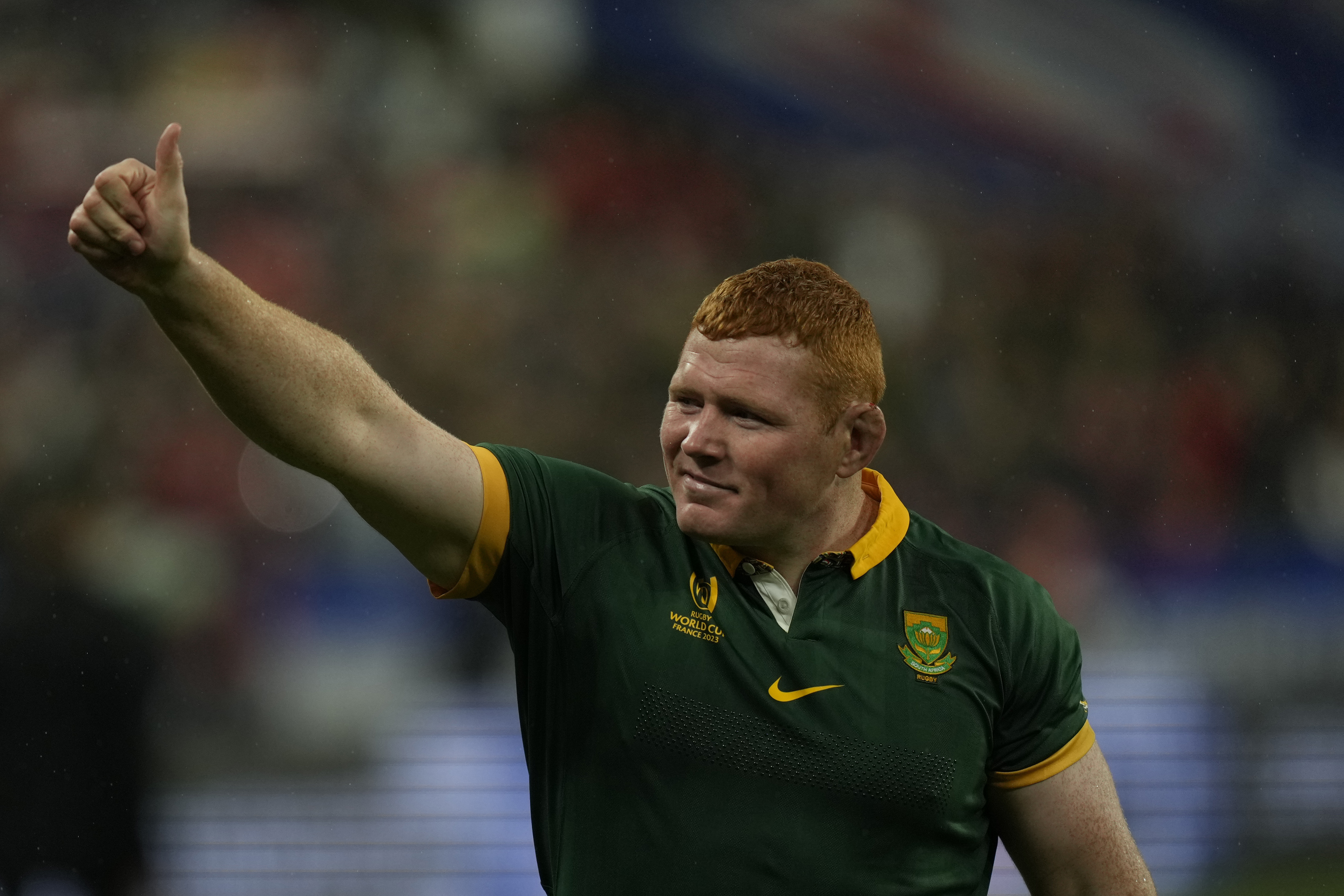FILE -South Africa's Steven Kitshoff thumbs up after the Rugby World Cup semifinal match between England and South Africa at the Stade de France in Saint-Denis, outside Paris, Oct.21, 2023. South African won 16-15. , File)