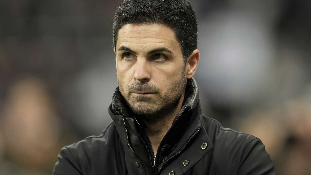 Arsenal's manager Mikel Arteta watches his team during the English League Cup soccer match between Newcastle United and Arsenal at St. James' Park stadium in Newcastle, England, Wednesday, Feb. 5, 2025.