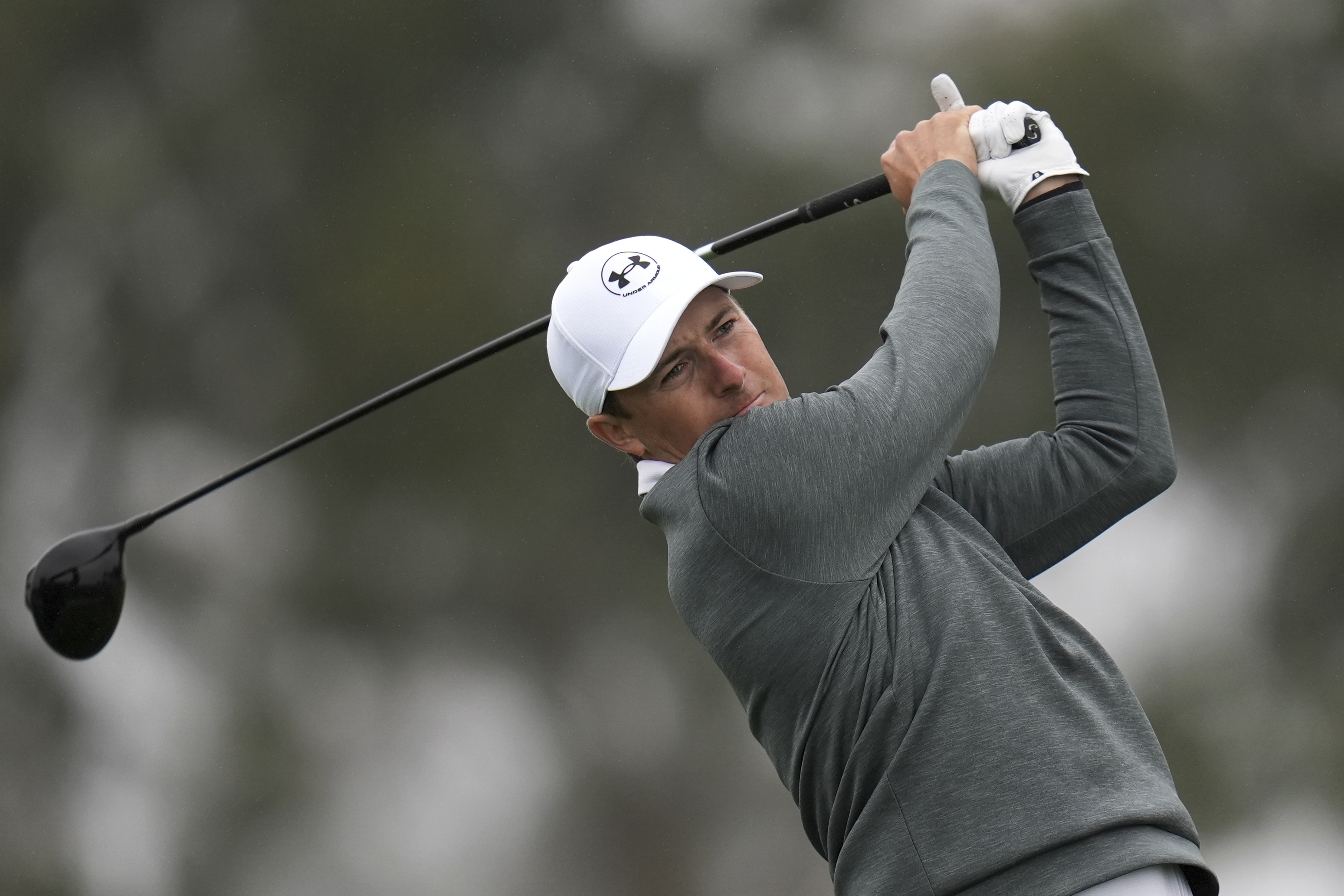 Jordan Spieth hits his tee shot on the second hole of the South Course at Torrey Pines during the first round of the Genesis Invitational golf tournament Thursday, Feb. 13, 2025, in San Diego. 