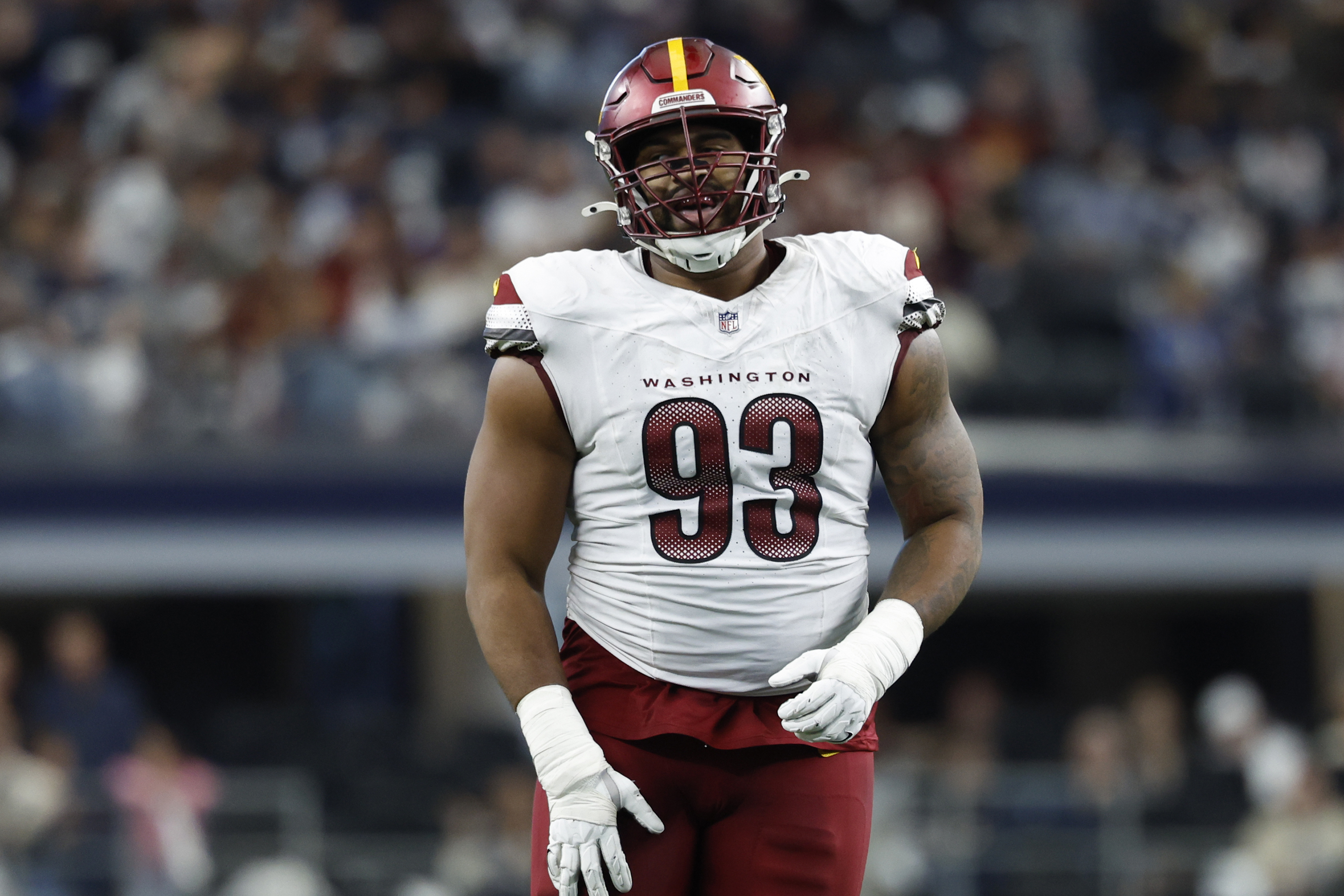 FILE - Washington Commanders defensive tackle Jonathan Allen (93) during a NFL football game against the Dallas Cowboys on Sunday, Jan. 5, 2025, in Arlington, Texas. 