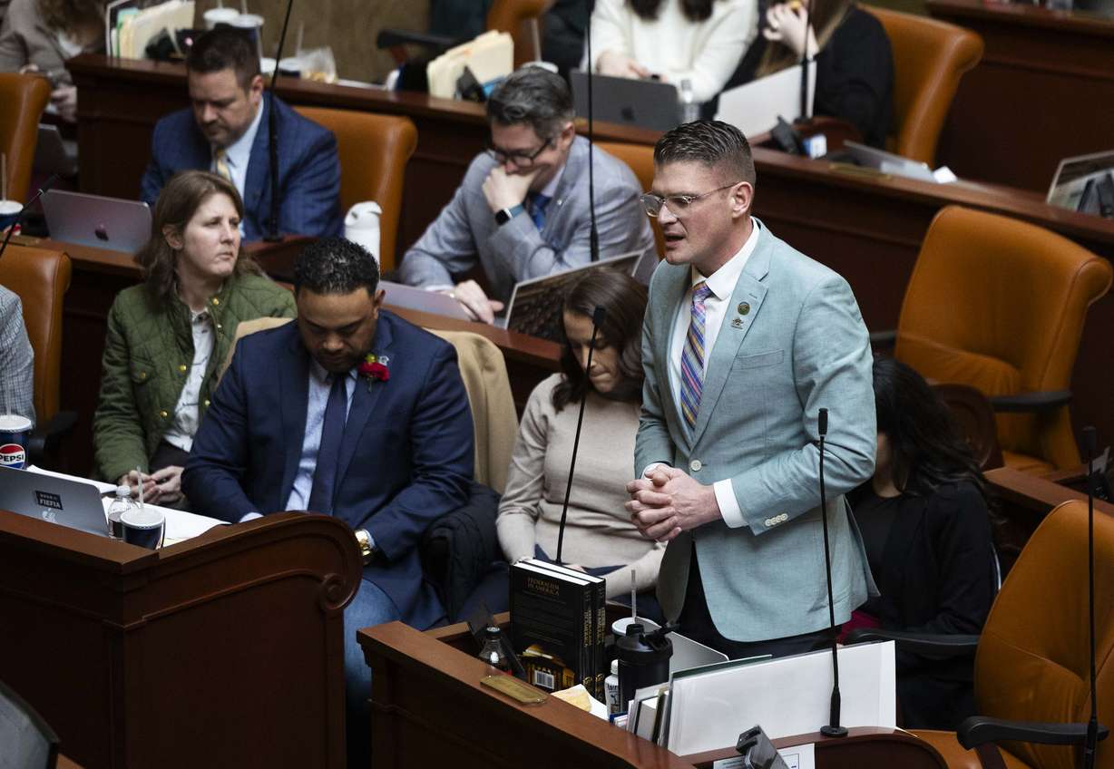 Jason E. Thompson, R-River Heights, makes a comment in favor of HB488, which would expand the state’s Federalism Commission and provide more provisions around federalism in the state, while in the House of Representatives, in Salt Lake City on Friday, Feb. 21.