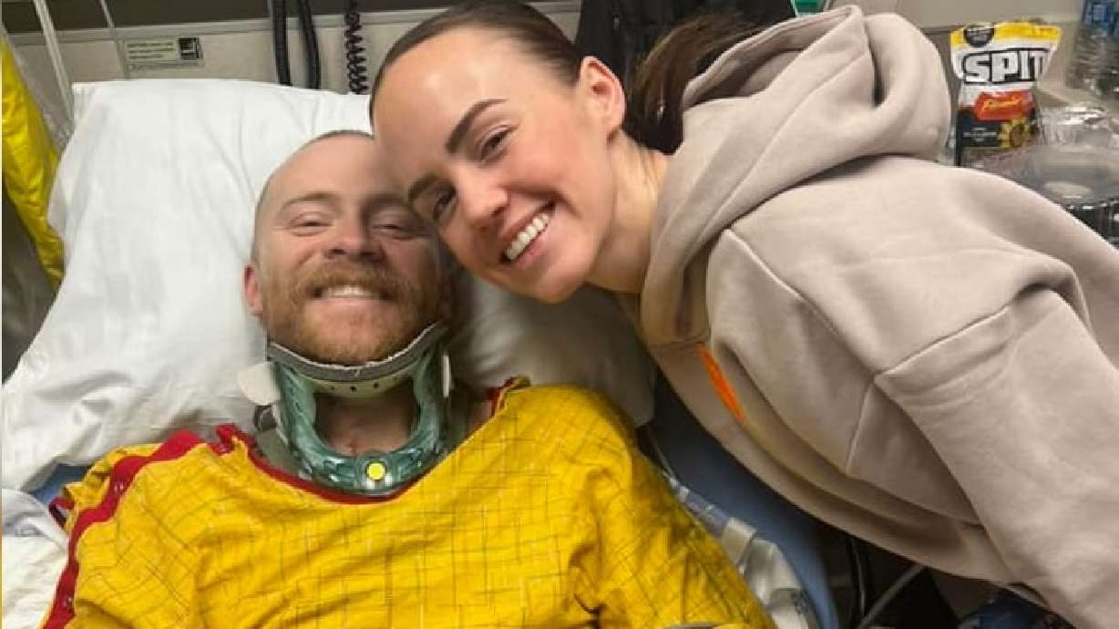 Justin and Jaquoy Holman share a smile from Swedish Hospital in Denver, Colorado, in an undated photo. Justin Holman returned the U.S. after being paralyzed in a ski accident in the Swiss Alps.