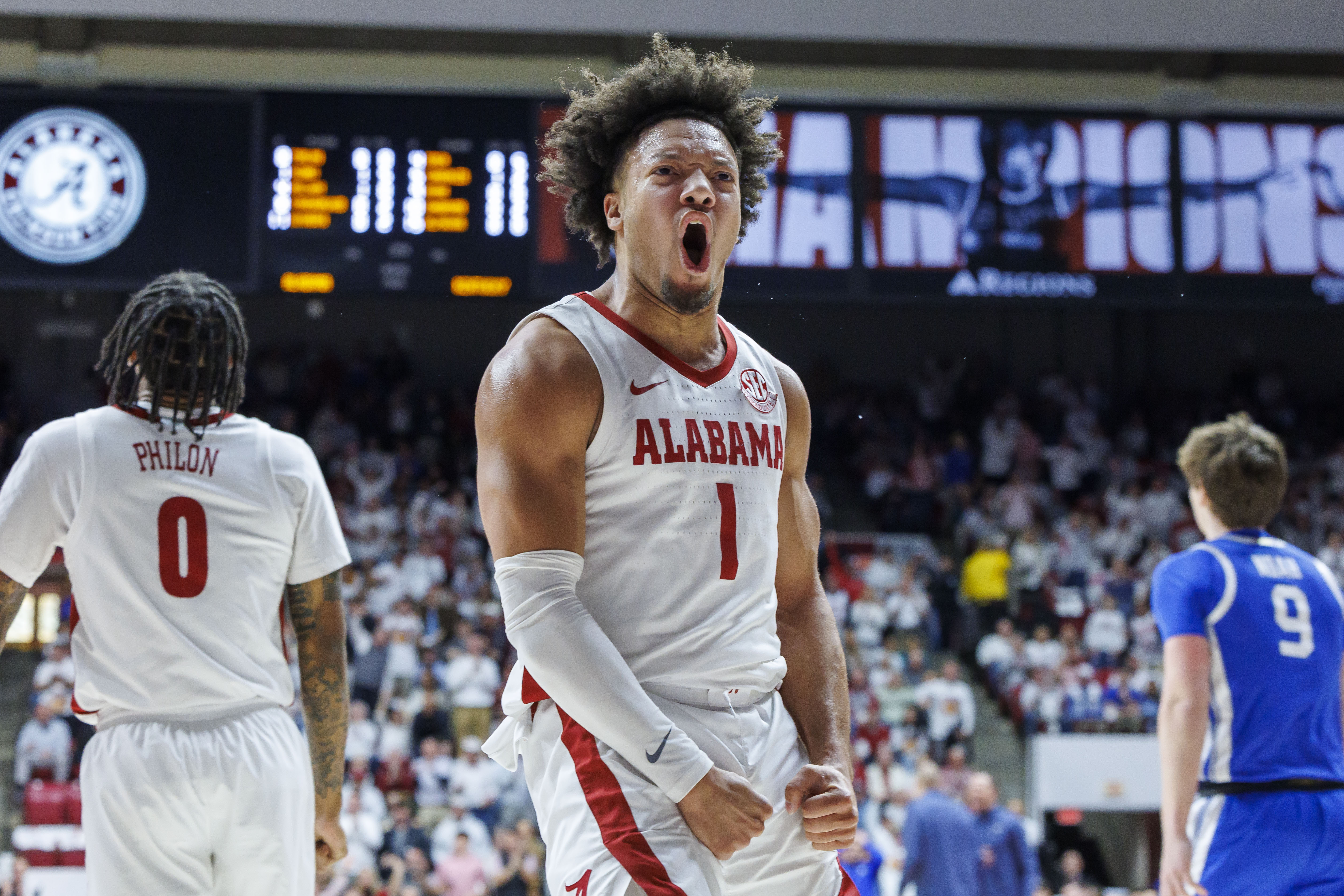 Alabama guard Mark Sears (1) reacts after a play against Kentucky during the first half of an NCAA college basketball game, Saturday, Feb. 22, 2025, in Tuscaloosa, Ala. 