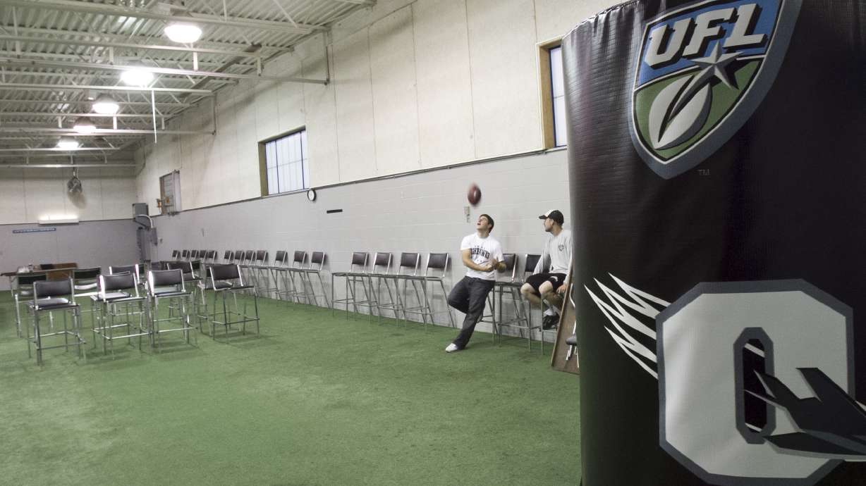 FILE - The former batting cage is converted into a player meeting room for the UFL Omaha Nighthawks, at Rosenblatt Stadium in Omaha, Neb., Friday, Oct. 1, 2010.