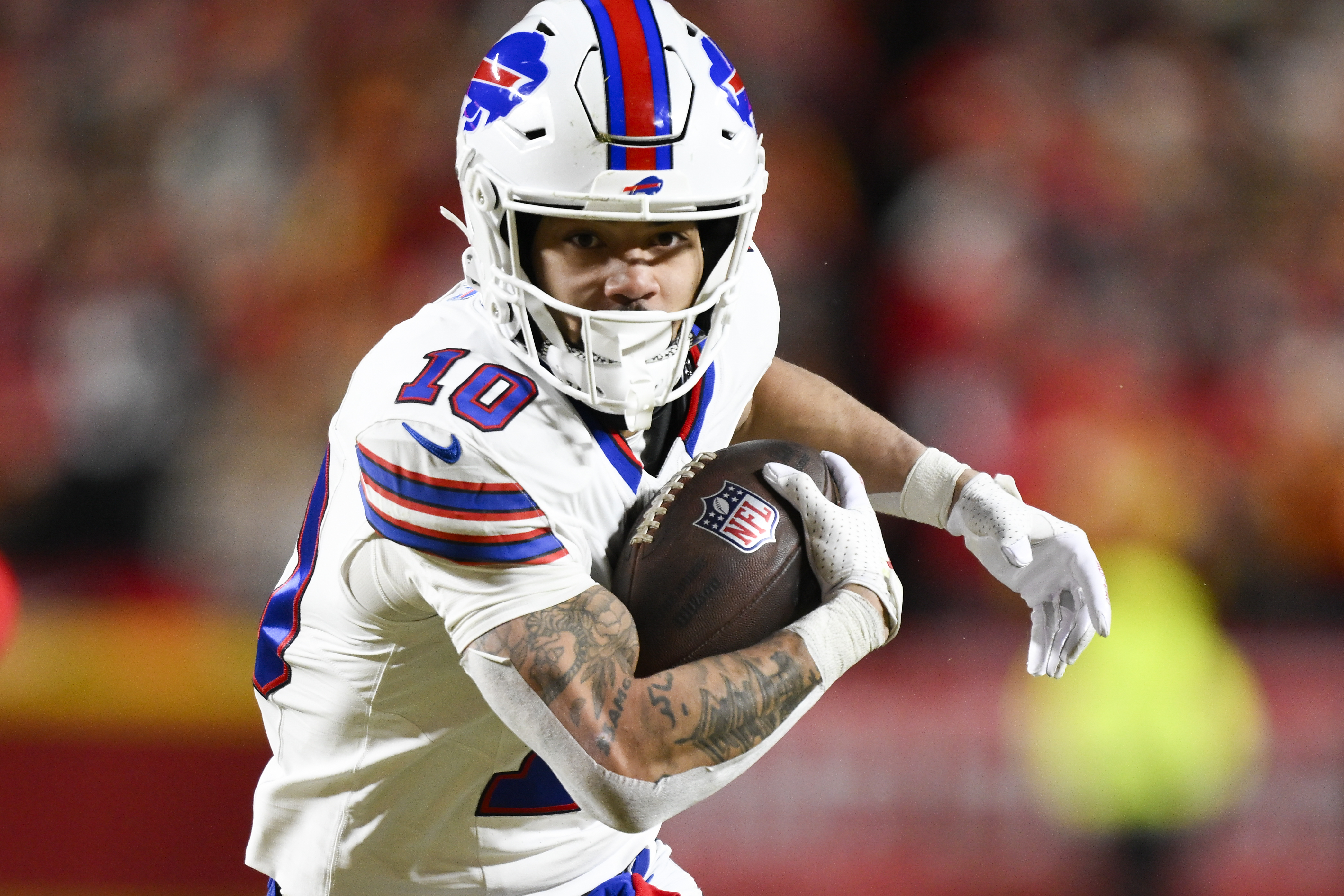 FILE - Buffalo Bills wide receiver Khalil Shakir breaks free for a first down on a catch and run against the Kansas City Chiefs during the first half of the NFL AFC Championship football game, Jan. 26, 2025 in Kansas City, Mo. 