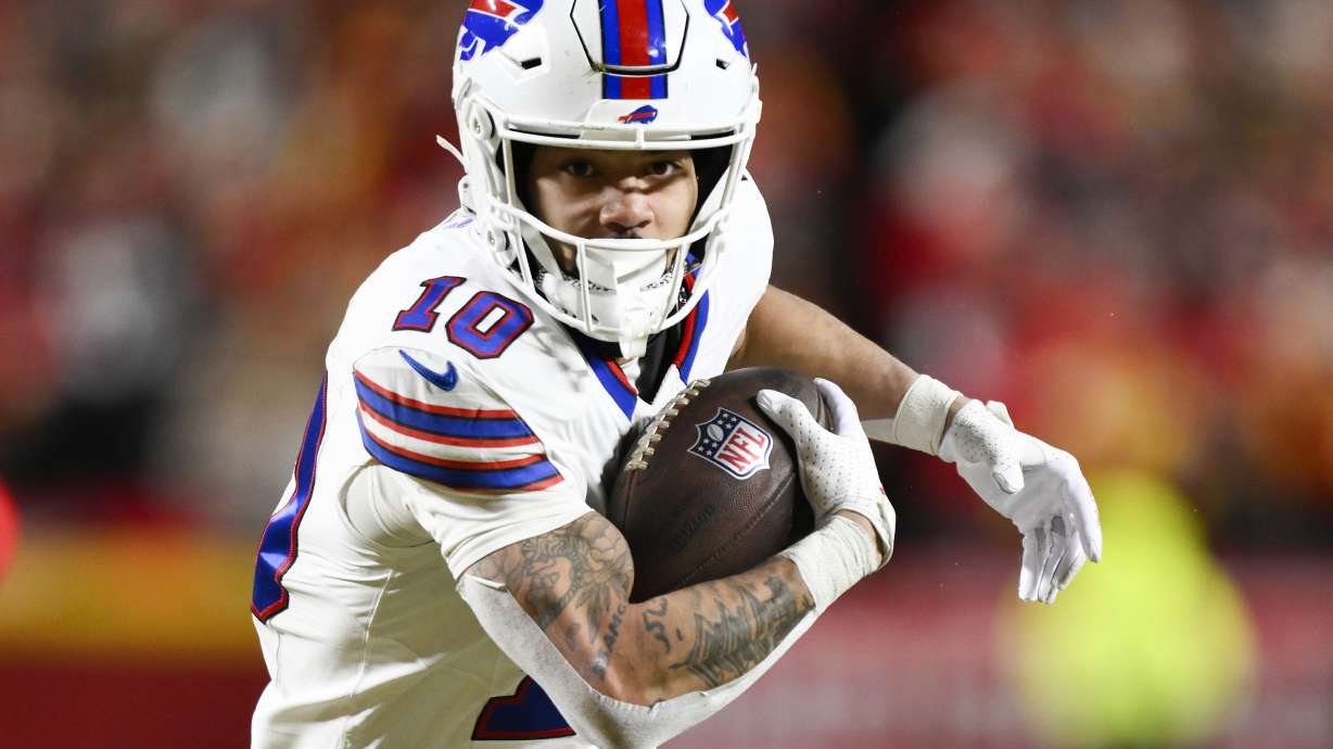 FILE - Buffalo Bills wide receiver Khalil Shakir breaks free for a first down on a catch and run against the Kansas City Chiefs during the first half of the NFL AFC Championship football game, Jan. 26, 2025 in Kansas City, Mo.