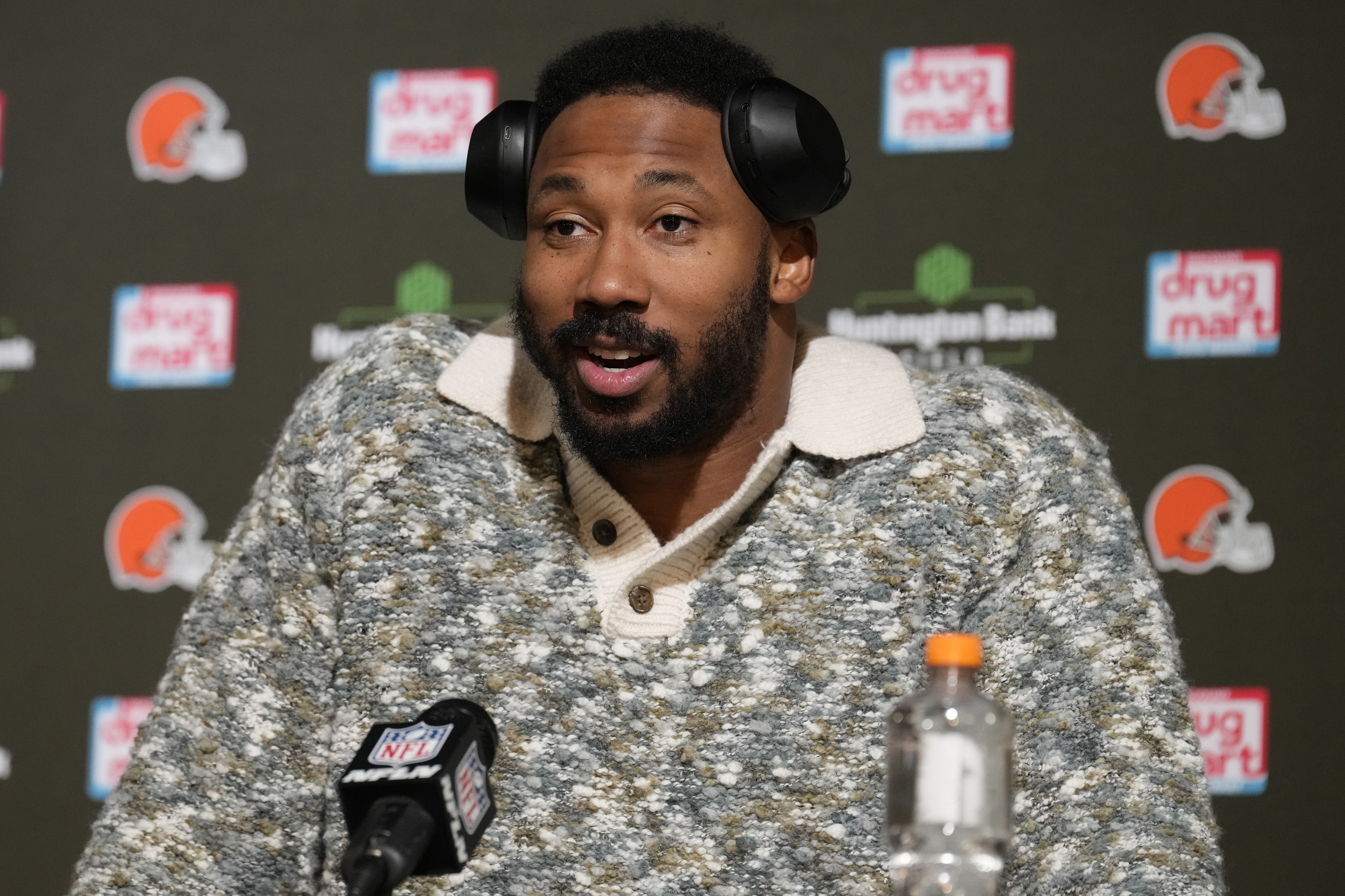 FILE - Cleveland Browns defensive end Myles Garrett speaks during a news conference after an NFL football game against the Miami Dolphins Sunday, Dec. 29, 2024, in Cleveland. 