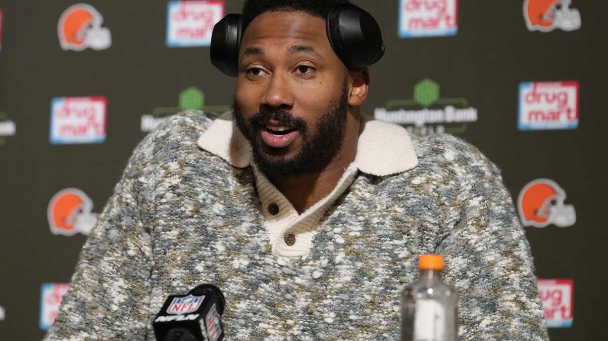 FILE - Cleveland Browns defensive end Myles Garrett speaks during a news conference after an NFL football game against the Miami Dolphins Sunday, Dec. 29, 2024, in Cleveland.