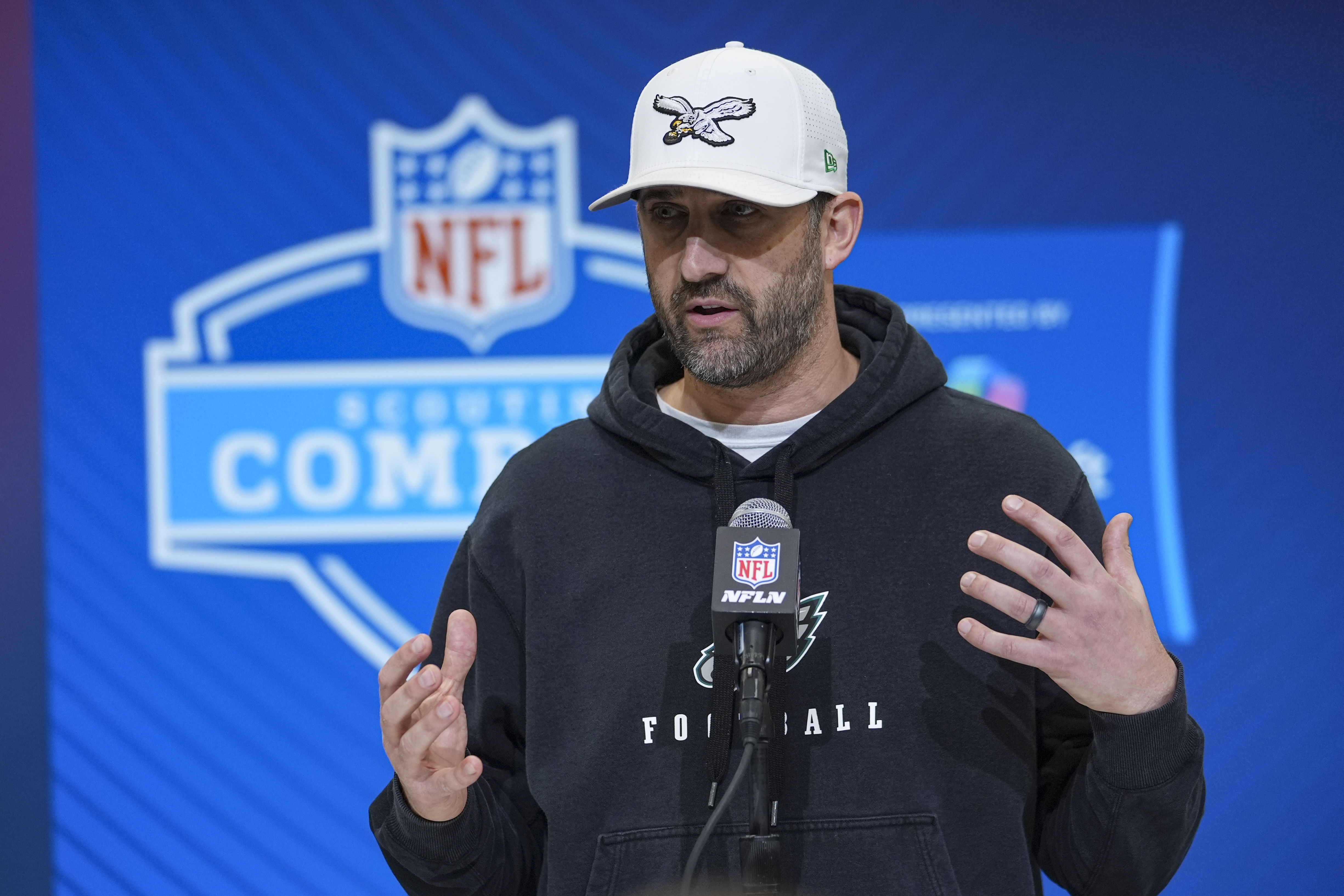 Philadelphia Eagles head coach Nick Sirianni speaks during a press conference at the NFL football scouting combine in Indianapolis, Tuesday, Feb. 25, 2025. 