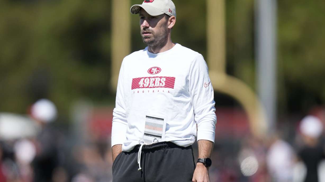 FILE - San Francisco 49ers offensive passing game specialist Klay Kubiak looks on during NFL football training camp in Santa Clara, Calif., July 31, 2024.