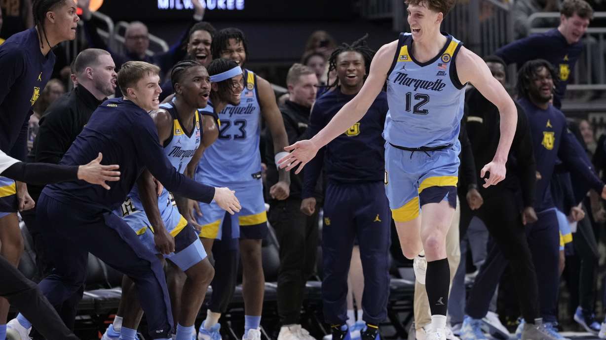 Marquette's Ben Gold reacts during the second half of an NCAA college basketball game against Providence Tuesday, Feb. 25, 2025, in Milwaukee.