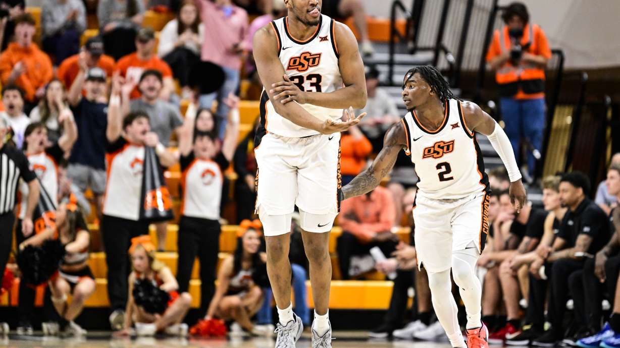 Oklahoma State forward Abou Ousmane (33) gestures during the first half of an NCAA college basketball game, Tuesday, Feb. 25, 2025, in Stillwater, Okla.