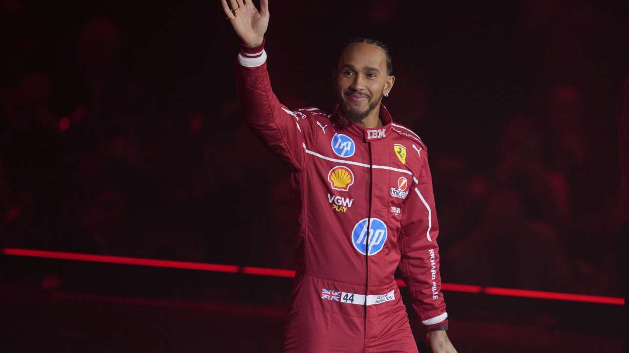 Ferrari driver Lewis Hamilton of Britain attends the F1 75 Live launch event at the O2 arena in London, Tuesday, Feb. 18, 2025.