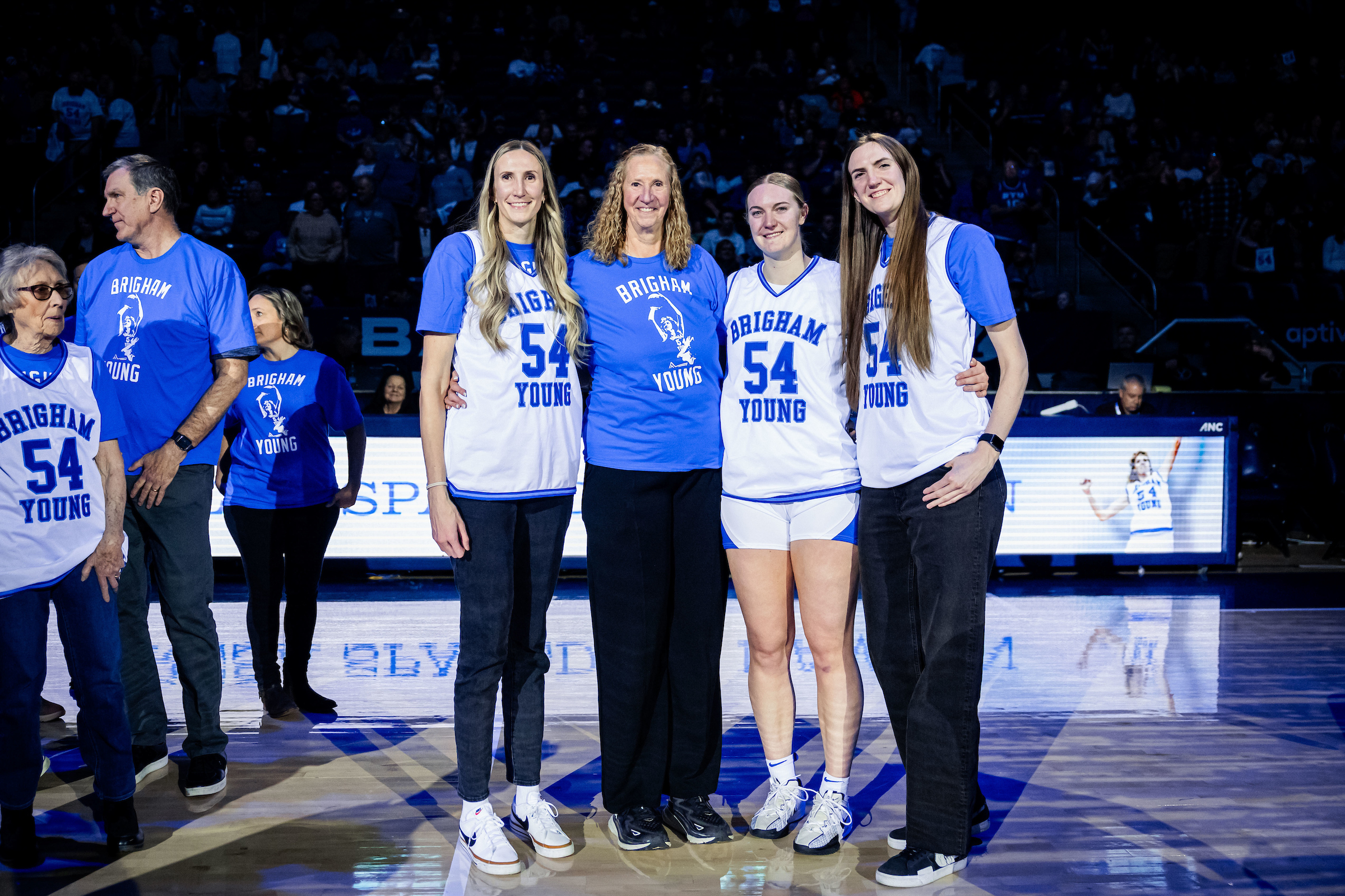 Former BYU women's basketball star Tresa Spaulding Hamson with her daughters Jennifer, Heather and Sara during their mother's jersey retirement ceremony, Feb. 22, 2025 at the Marriott Center in Provo, Utah.