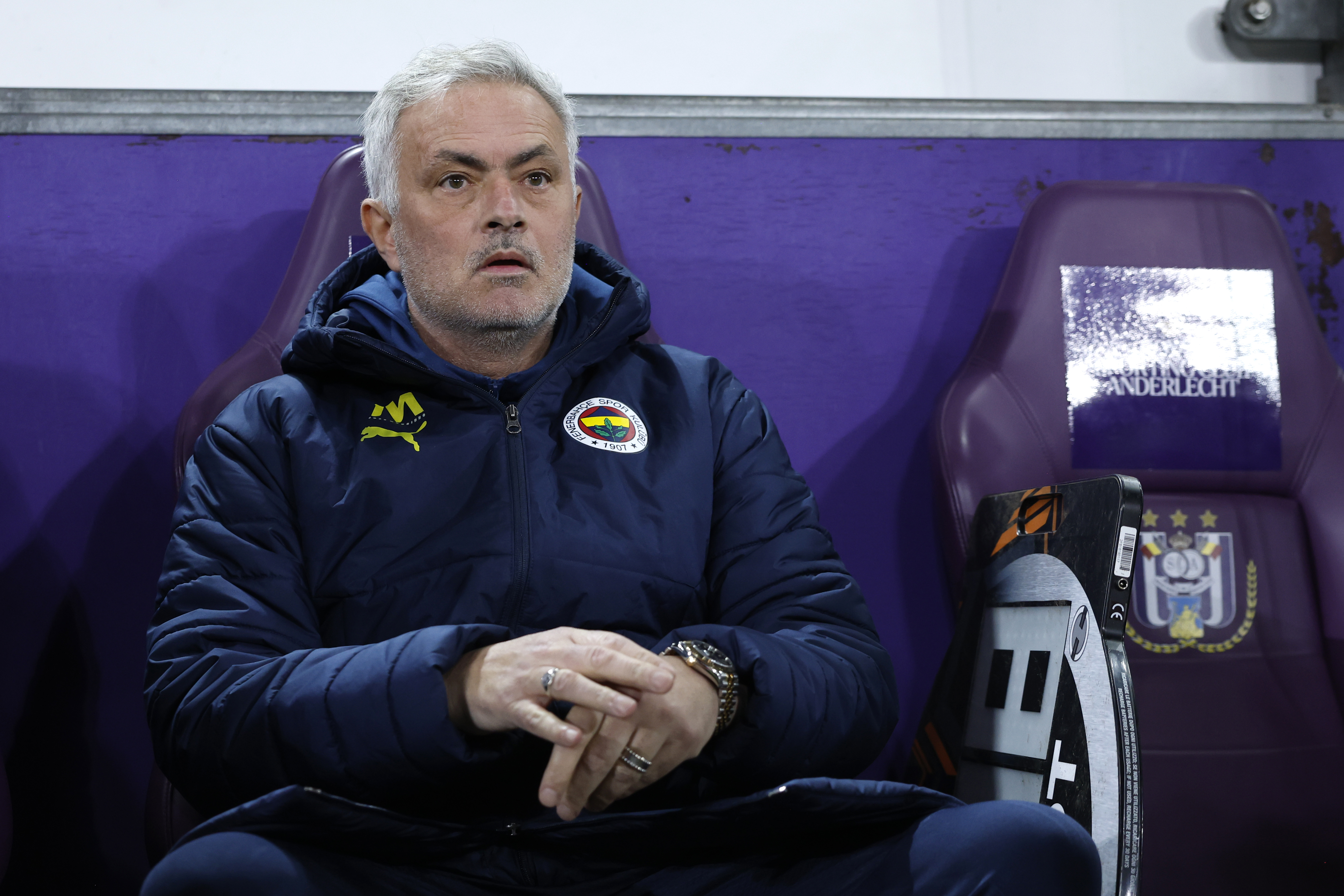 Fenerbahce's head coach Jose Mourinho, left, during the Europa League playoff second leg soccer match between Anderlecht and Fenerbahce at the RSC Anderlecht stadium in Brussels, Thursday, Feb. 20, 2025. 