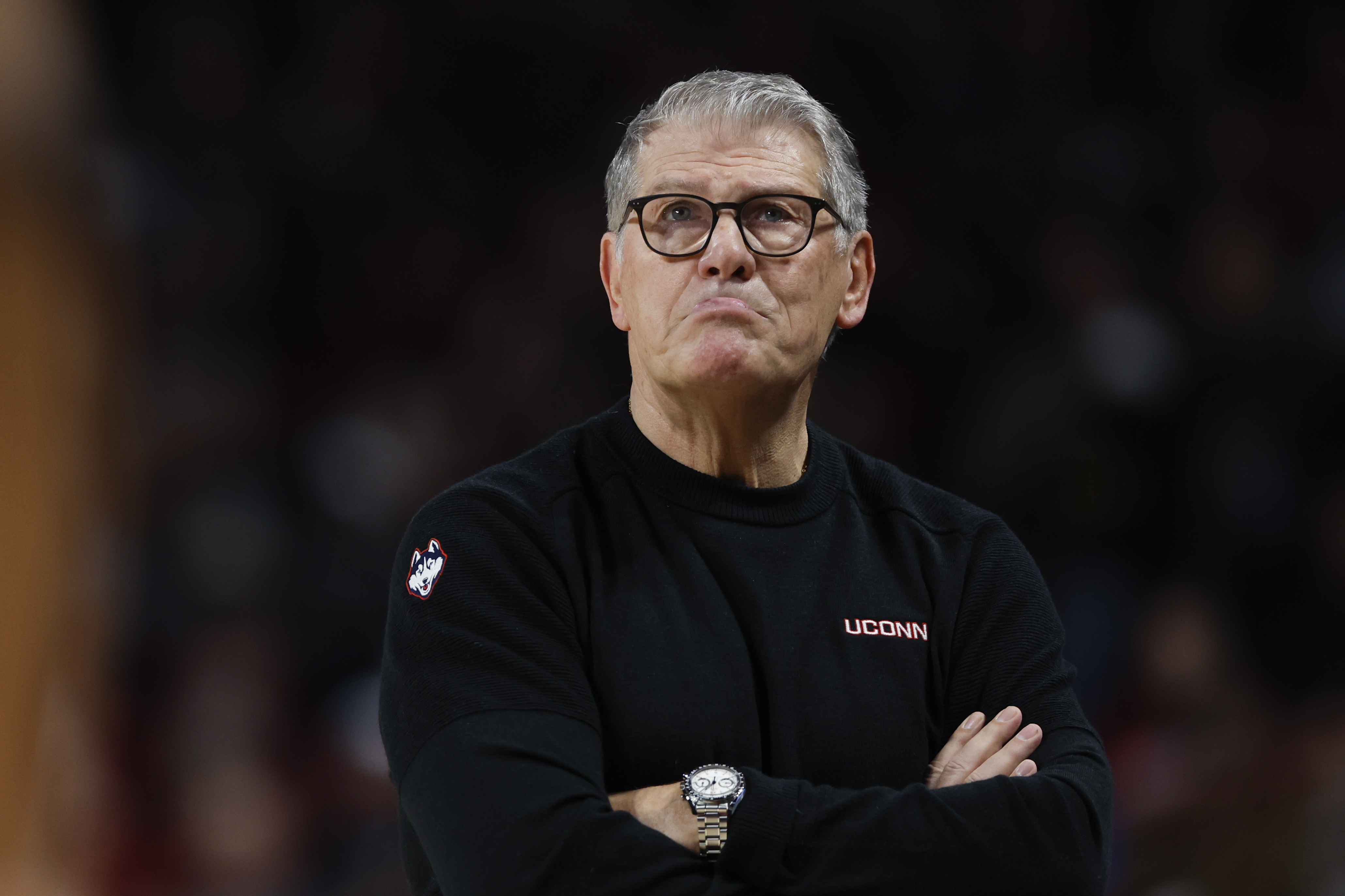 UConn head coach Geno Auriemma watches his team play against South Carolina during the first half of an NCAA college basketball game in Columbia, S.C., Sunday, Feb. 16, 2025. 