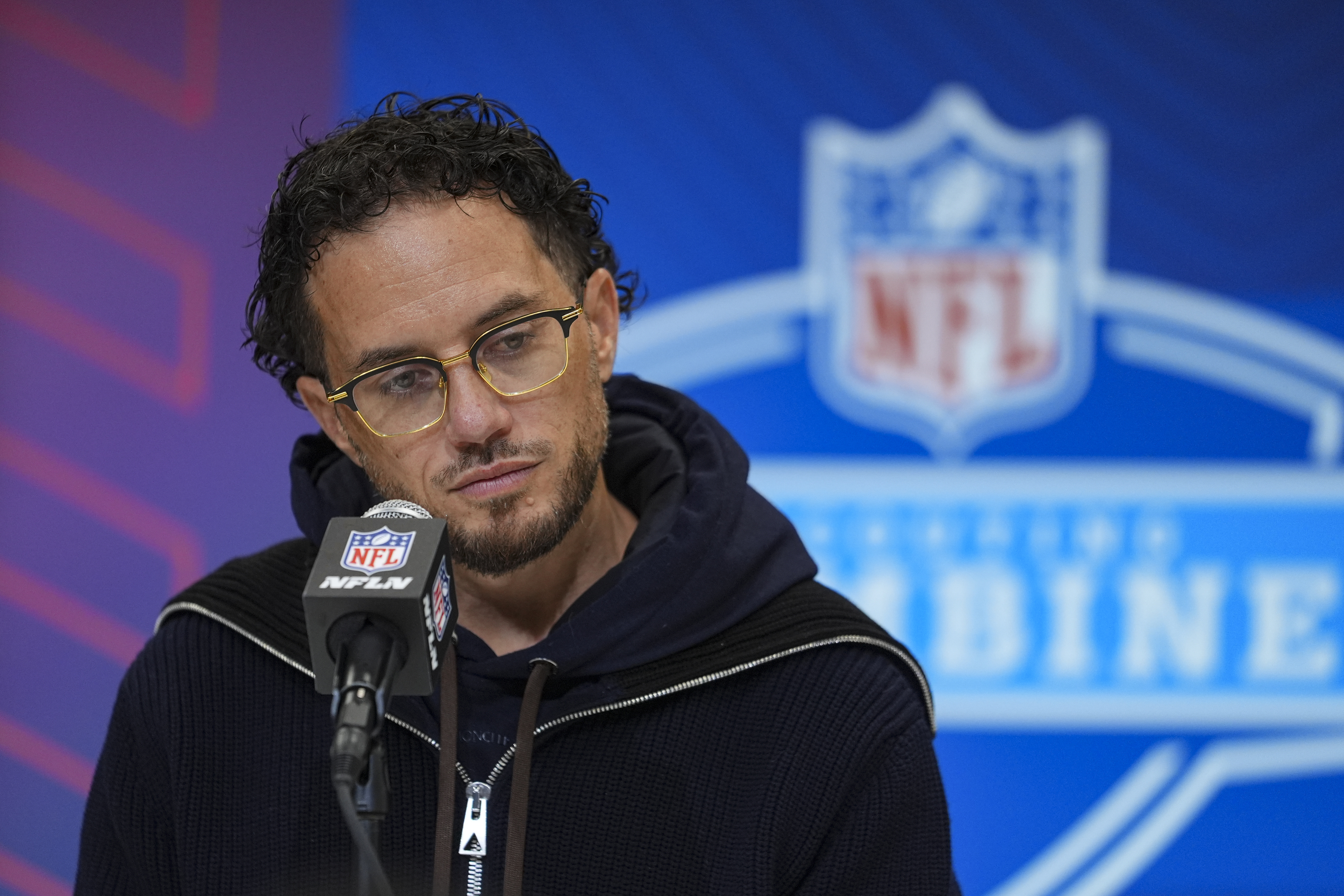 Miami Dolphins head coach Mike McDaniel speaks during a press conference at the NFL football scouting combine in Indianapolis, Tuesday, Feb. 25, 2025. 