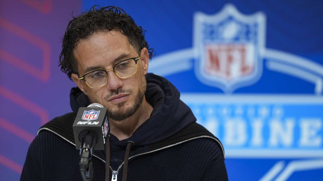 Miami Dolphins head coach Mike McDaniel speaks during a press conference at the NFL football scouting combine in Indianapolis, Tuesday, Feb. 25, 2025.