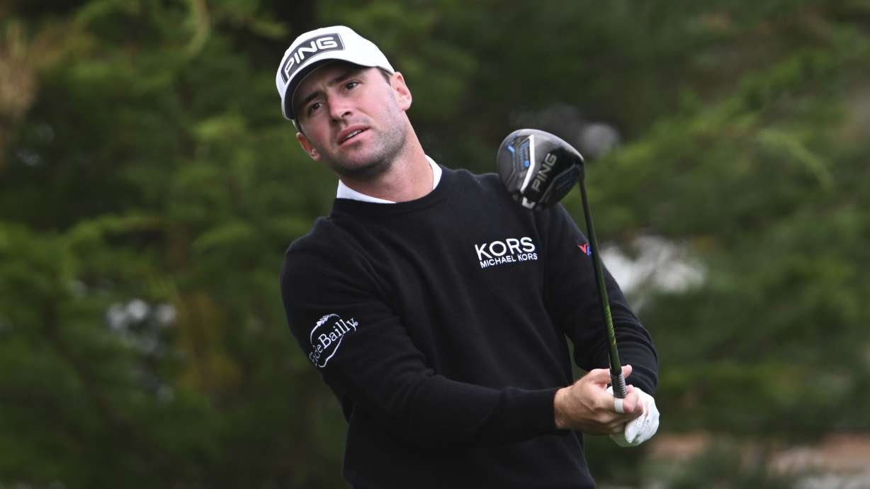 Austin Eckroat watches his tee shot on the second hole at Pebble Beach Golf Links during the third round of the AT&T Pebble Beach Pro-Am golf tournament, Saturday, Feb. 1, 2025, in Pebble Beach, Calif.