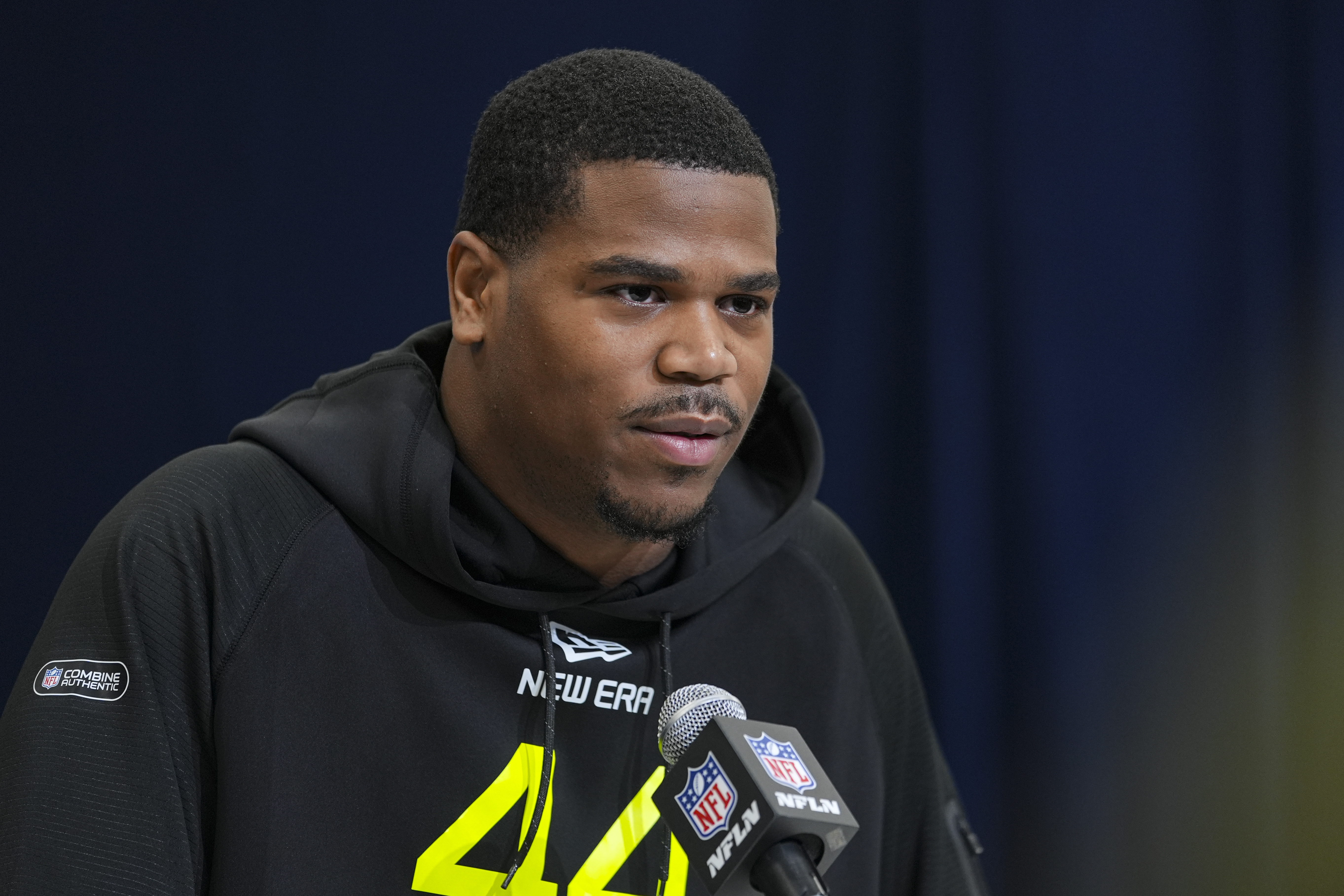 Penn State defensive lineman Abdul Carter speaks during a press conference at the NFL football scouting combine in Indianapolis, Wednesday, Feb. 26, 2025.