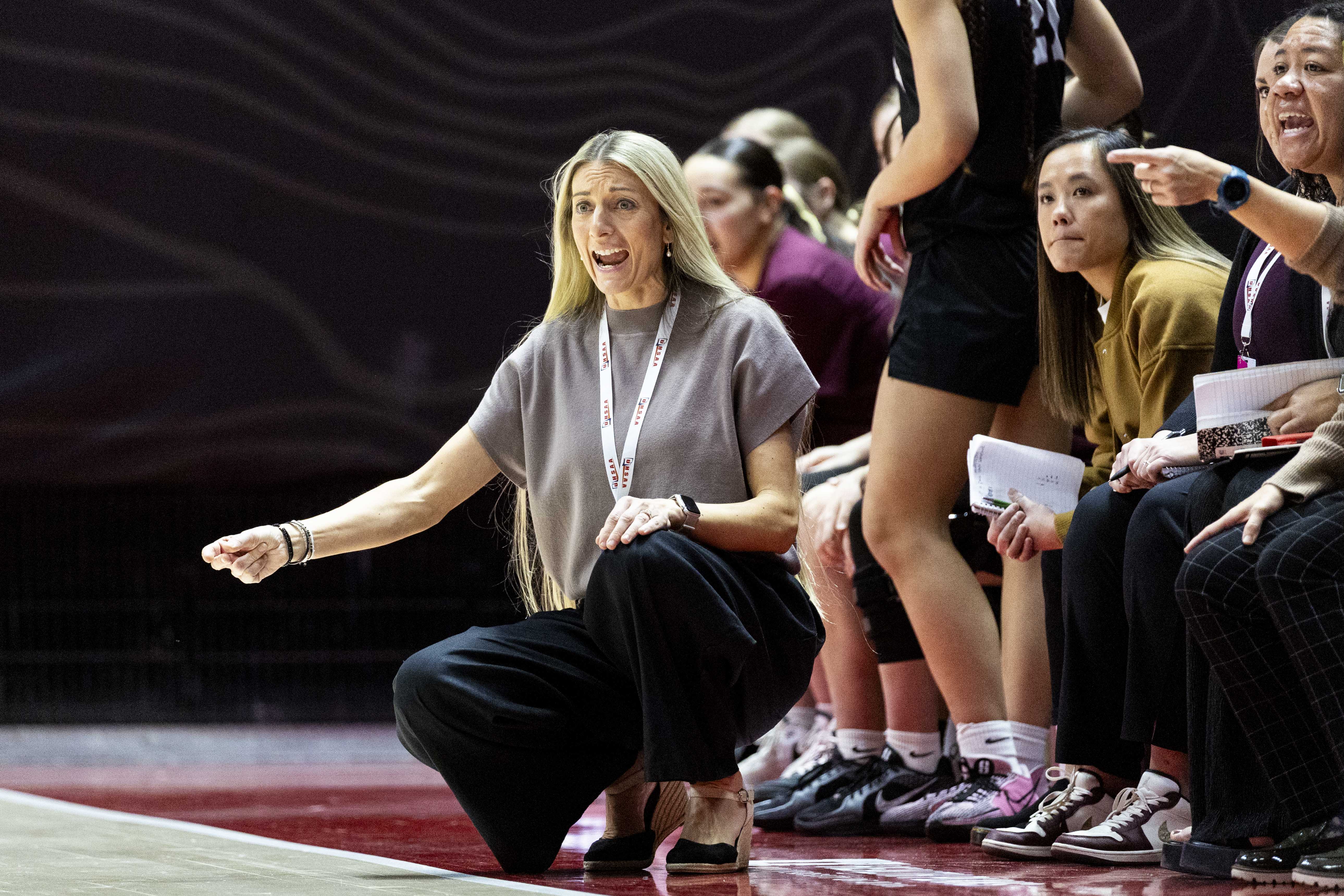 Lone Peak head coach Nancy Warner calls out to her players during the 6A girls basketball semifinals against Davis held at the Huntsman Center in Salt Lake City on Wednesday, Feb. 26, 2025.