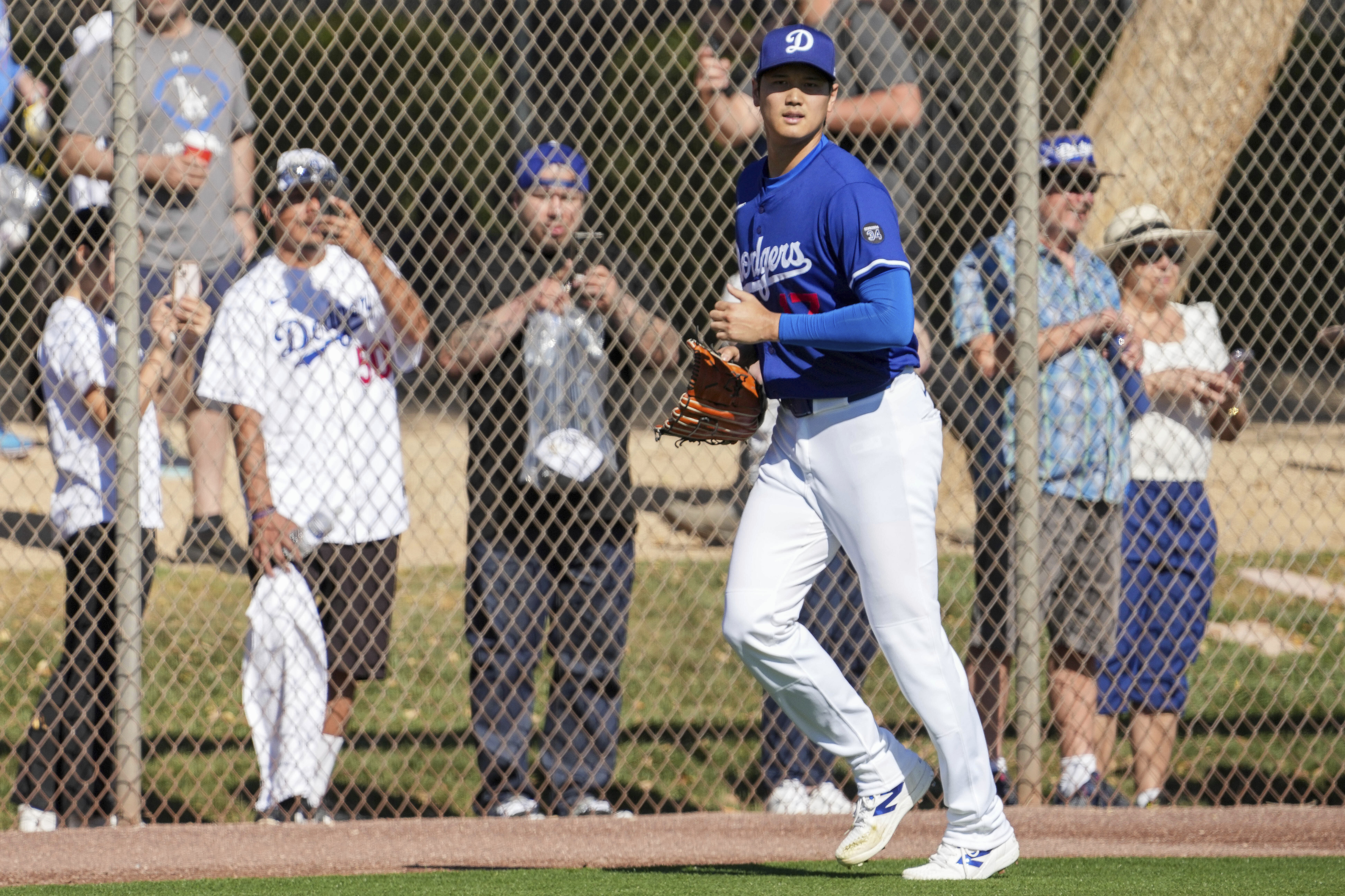 Los Angeles Dodgers two-way player Shohei Ohtani (17) during a spring training baseball practice, Tuesday, Feb. 25, 2025, in Phoenix. 