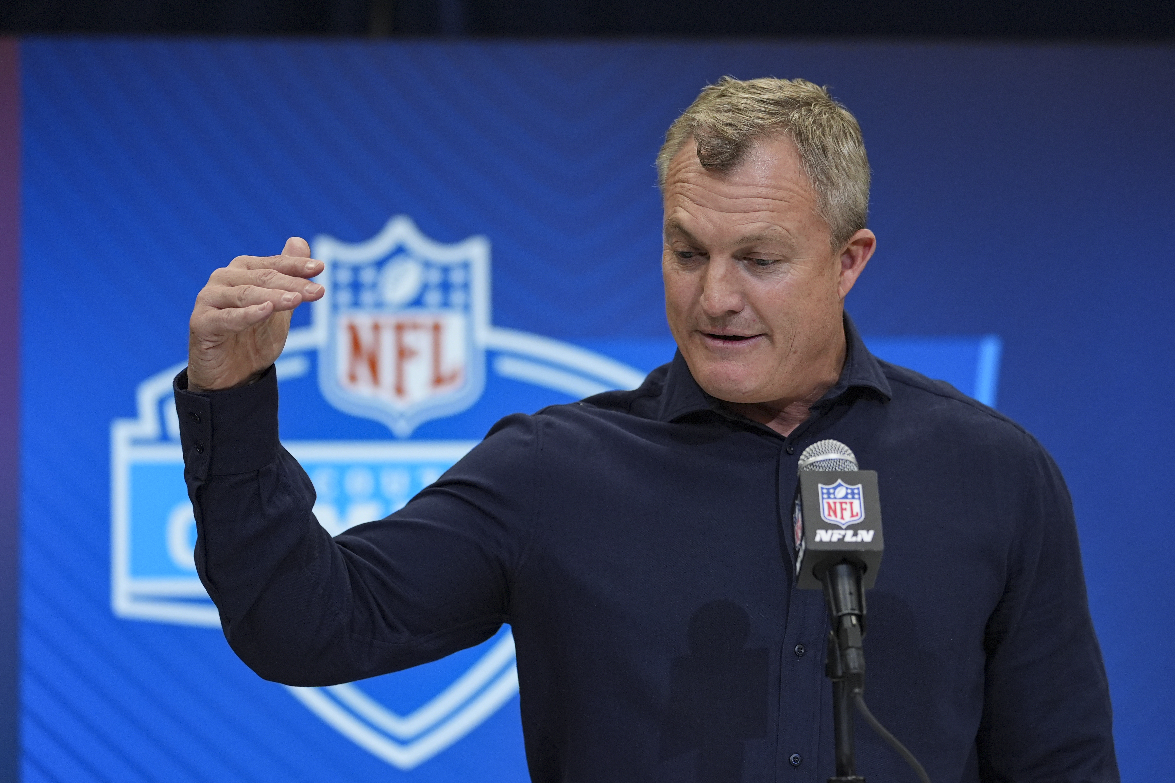 San Francisco 49ers general manager John Lynch speaks during a press conference at the NFL football scouting combine in Indianapolis, Wednesday, Feb. 26, 2025. 