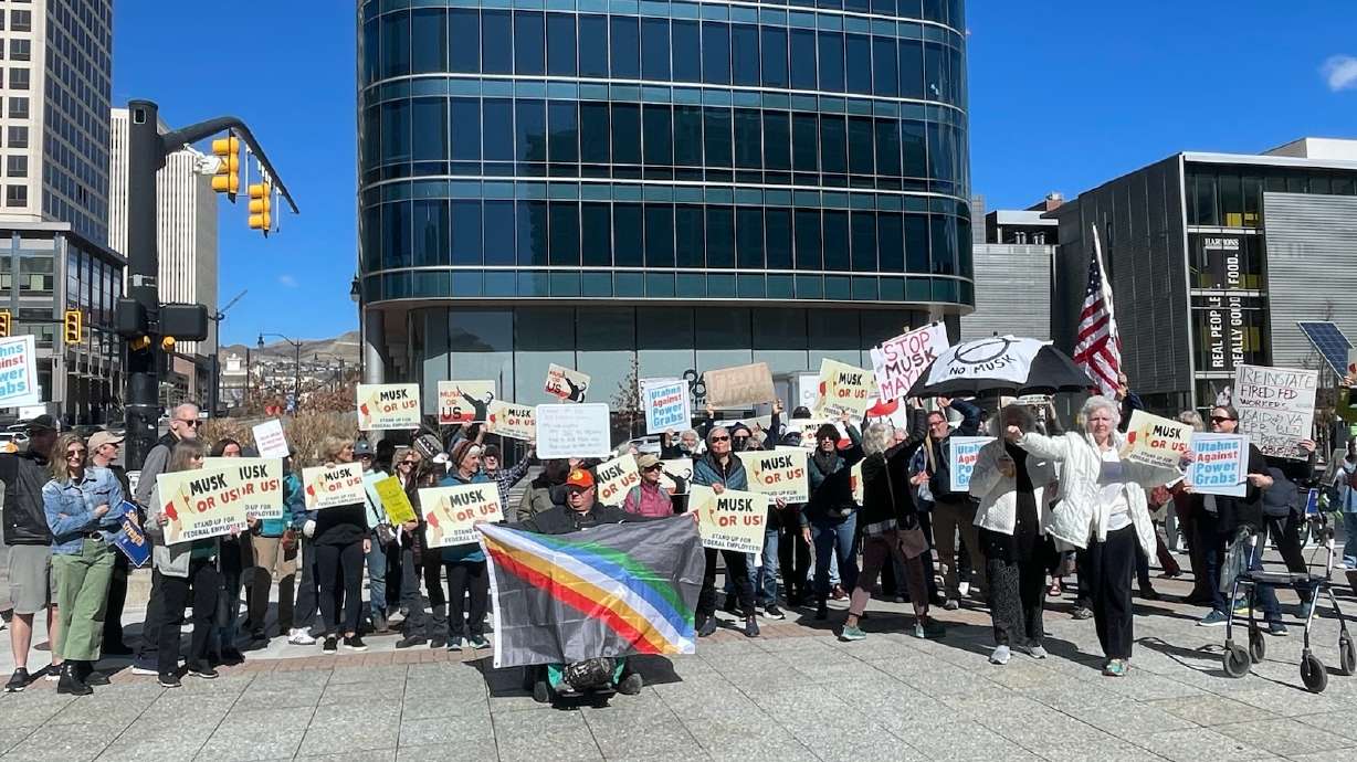 A group of Utahns on Wednesday protested against Elon Musk's mass firings of federal workers across the country.