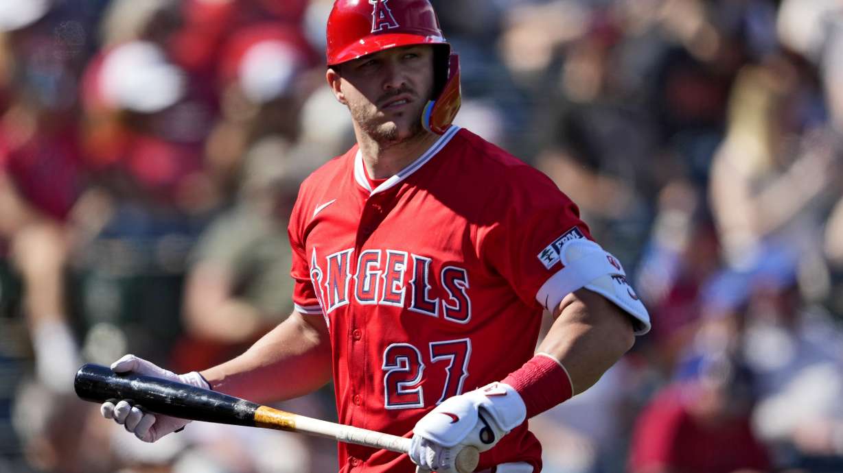 Los Angeles Angels' Mike Trout looks towards the mound after striking out against the San Francisco Giants' during the first inning of a spring training baseball game, Monday, Feb. 24, 2025, in Tempe, Ariz.