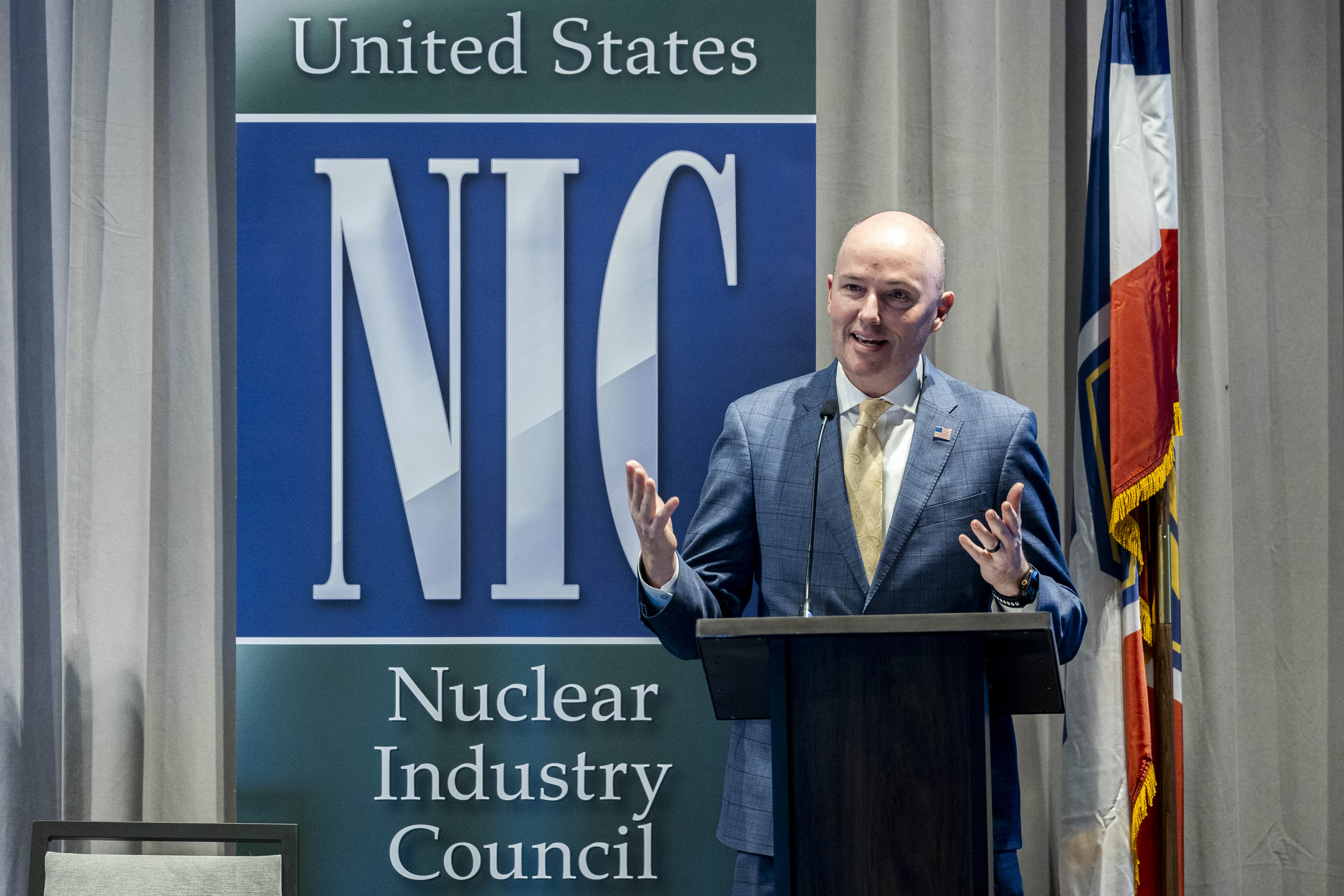 Utah Gov. Spencer Cox speaks during The Advanced Reactors Summit XII and Technology Trailblazers Showcase held by the U.S. Nuclear Industry Council at the Hyatt Regency Salt Lake City in Salt Lake City on Tuesday, Feb. 18.